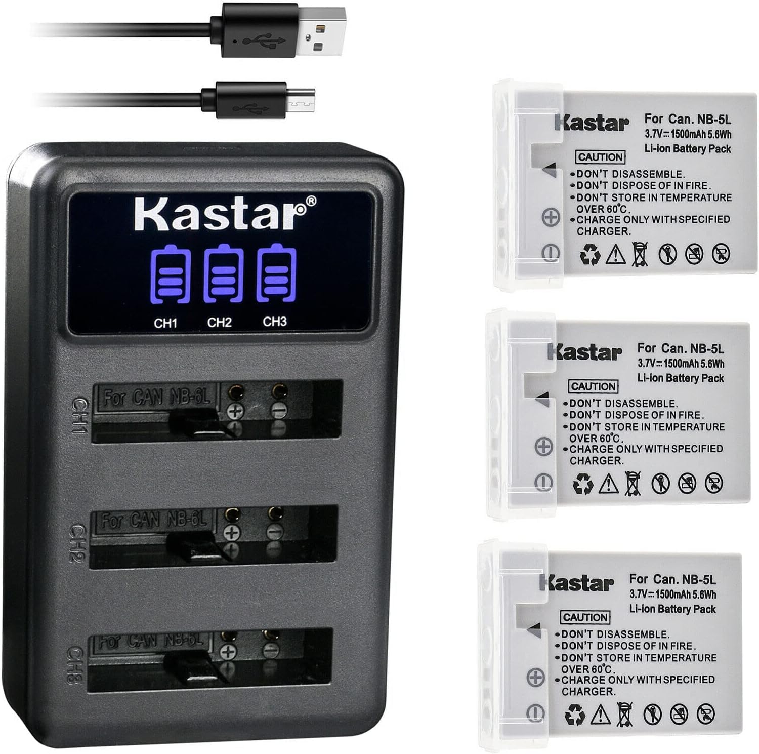 Kastar 3 Pack Battery and LCD Triple USB Charger Compatible with Canon NB-5L NB5L, NB-5LH NB5LH, 1135B001 Battery, CB-2LX CB-2LXE Charger, Digital IXUS 800 IS, Digital IXUS 850 IS, Digital IXUS 860 IS
