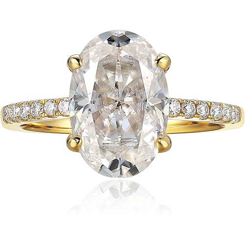 espere 14K Yellow Gold 3 Carat Moissanite Oval Engagement Ring | Solid Gold Solitaire Ring with Plain Band | 14K Gemstone Engagement Ring