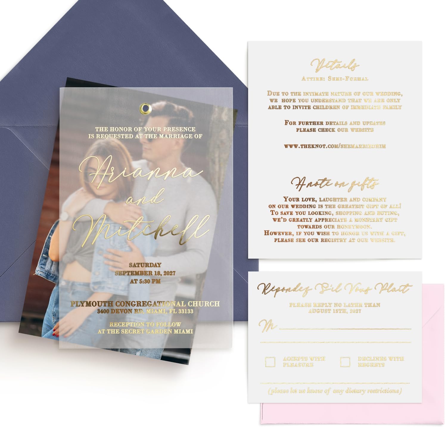 Gold Vellum Wedding Invitations with envelopes, RSVP cards, Details and Photo. Gold, Rose Gold and Silver Foil available (Vellum + Photo)