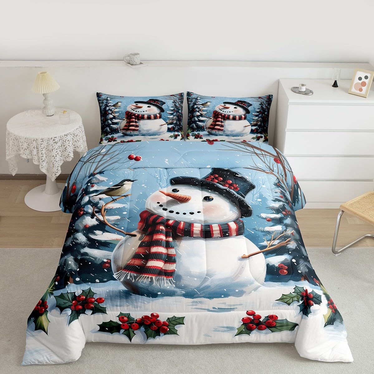 Christmas Cabin Bedding Sets Queen Size 3 Pcs,Cartoon Cute Sheep Farm Animals Comforter Set for Kids Teens Adults,Watercolor Green Pine Trees Rustic Style Quilted Comforter with 2 Pillowcases