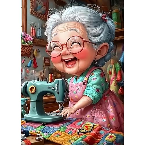 DAERLE Diamond Painting Sewing Grandma, Diamond Art Kits for Adults, Happy Old Lady, 5d Diamond Painting Kits for Adults, Gem Art Kits and Crafts for Home Decor 12x16inch/30x40cm - red