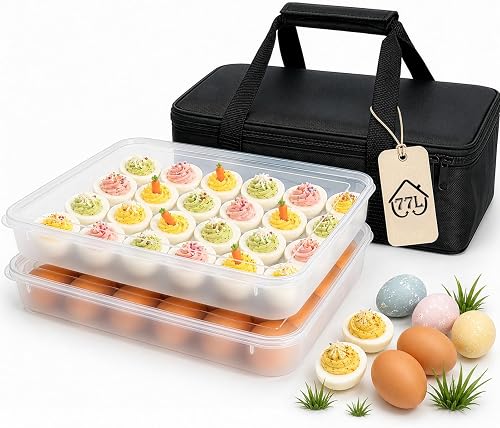 77L Deviled Egg Containers with Lid, Set of 2 Plastic Egg Holder for Refrigerator Holds 48 Eggs, Clear Stackable Deviled Egg Carrier Tray with Portable Insulated Bag for Party, Picnic, Fridge Storage