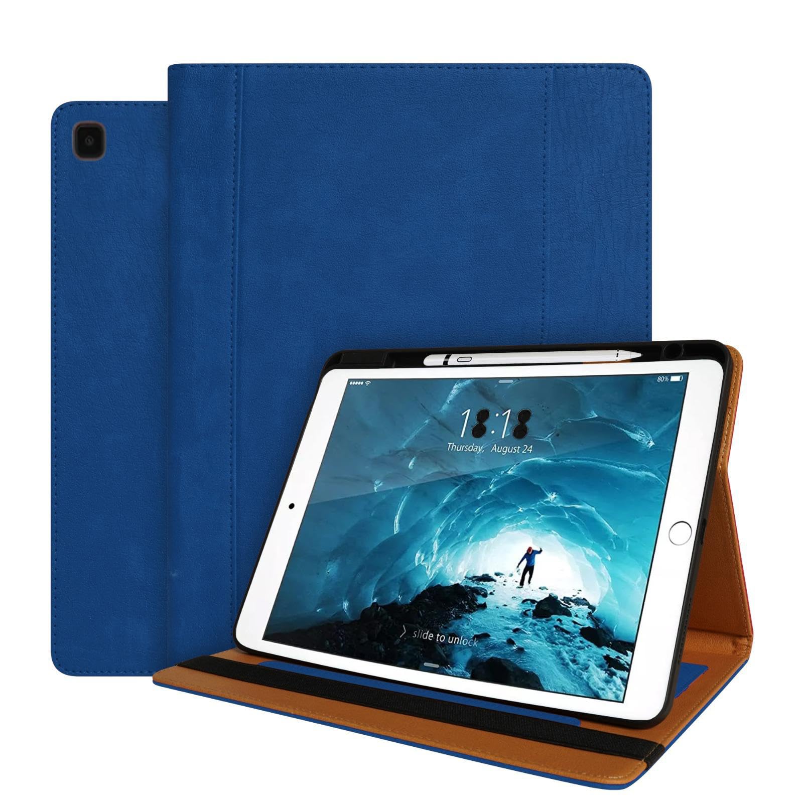 Leather Case for iPad Pro 12.9 Inch 2017/2015 (Old Model, 1st and 2nd Generation), Premium Leather Multi-Angle Viewing Stand Cover with Pencil Holder & Card Slots, Auto Sleep/Wake, Navy