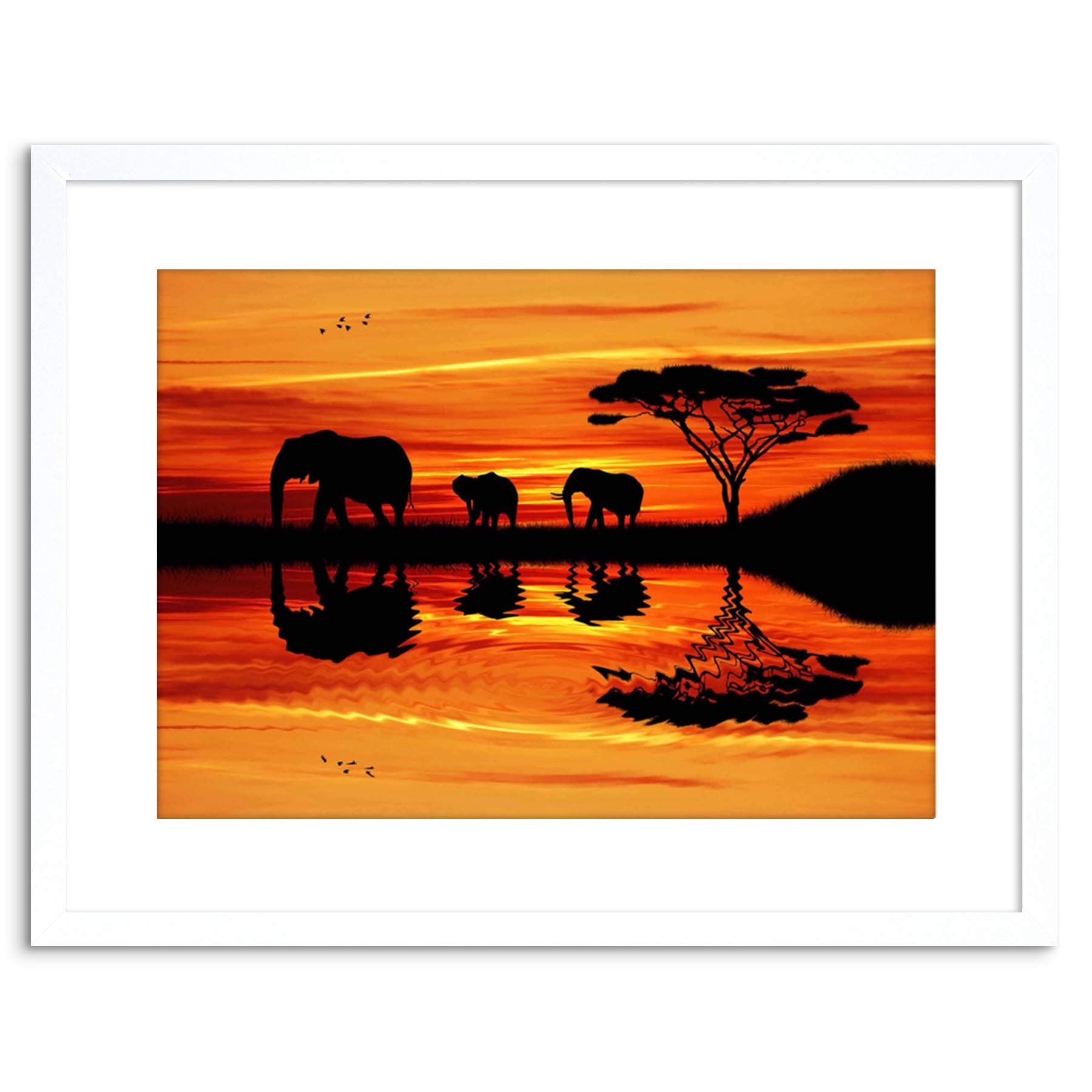 Wee Blue Coo Photo African Elephant Silhouette Sunset Framed Wall Art Print