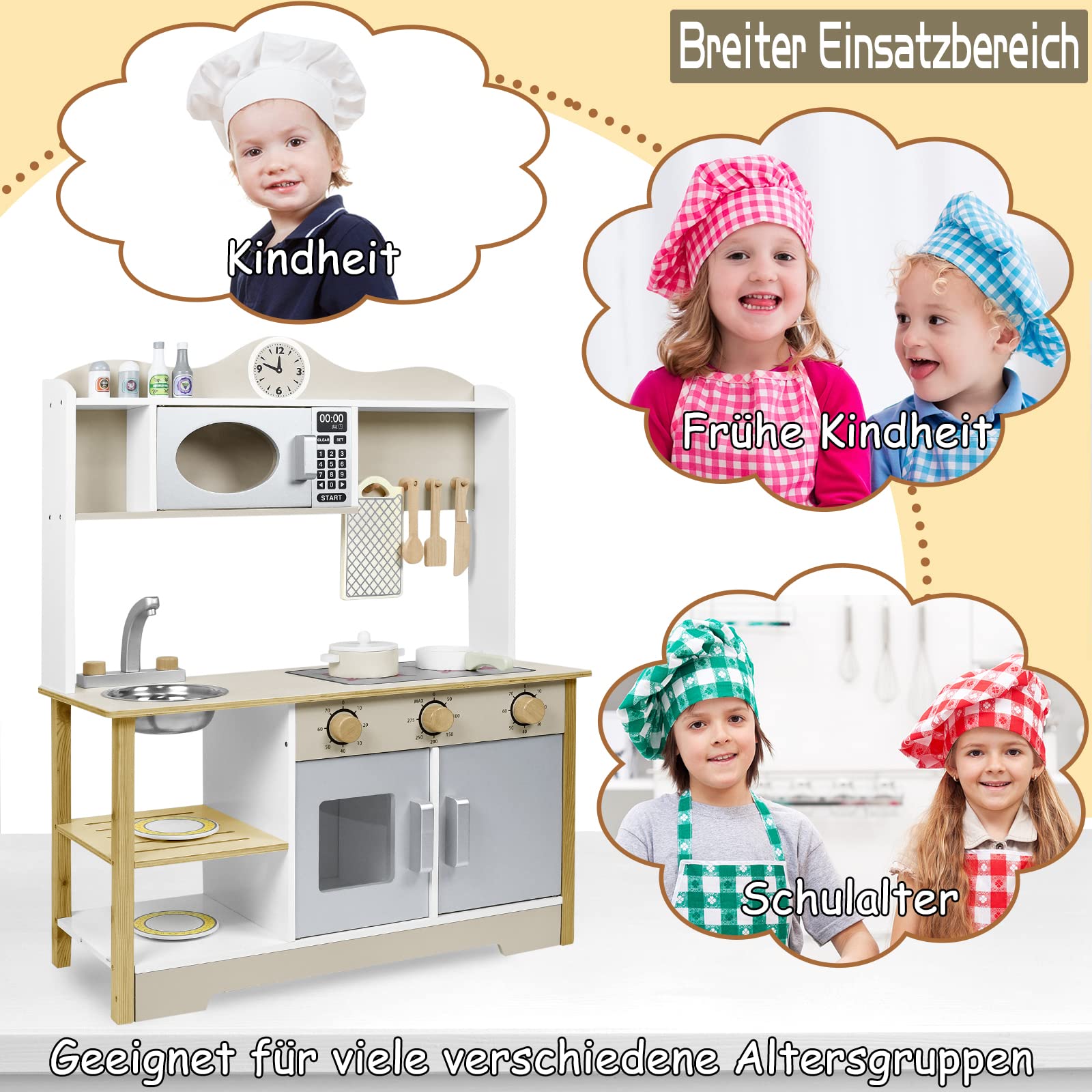 Spielküche Matschküche Holz Kinderküche, Küchenspielzeug für Kinder Küchenset mit Komplett Zubehör, 65x24x85cm (Typ A)
