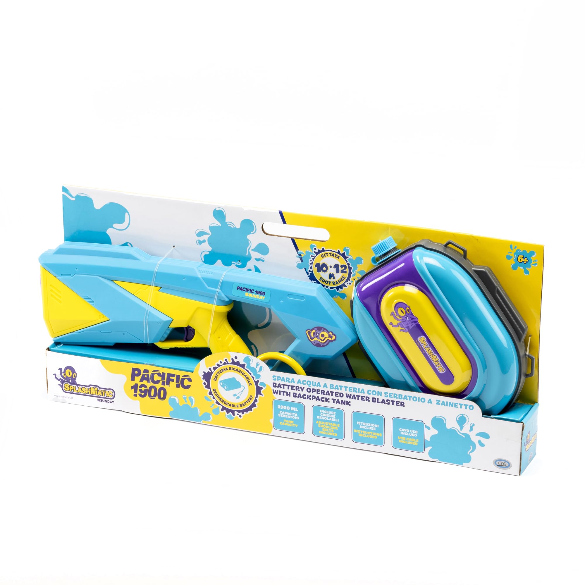 ODS - Splashmatic Pacific 1900, Spara Acqua con Serbatoio a Zainetto, a Batteria con Ricarica USB, Pistola ad Acqua 48 cm, Capacità Serbatoio 1900 ml, Età Consigliata +6 Anni