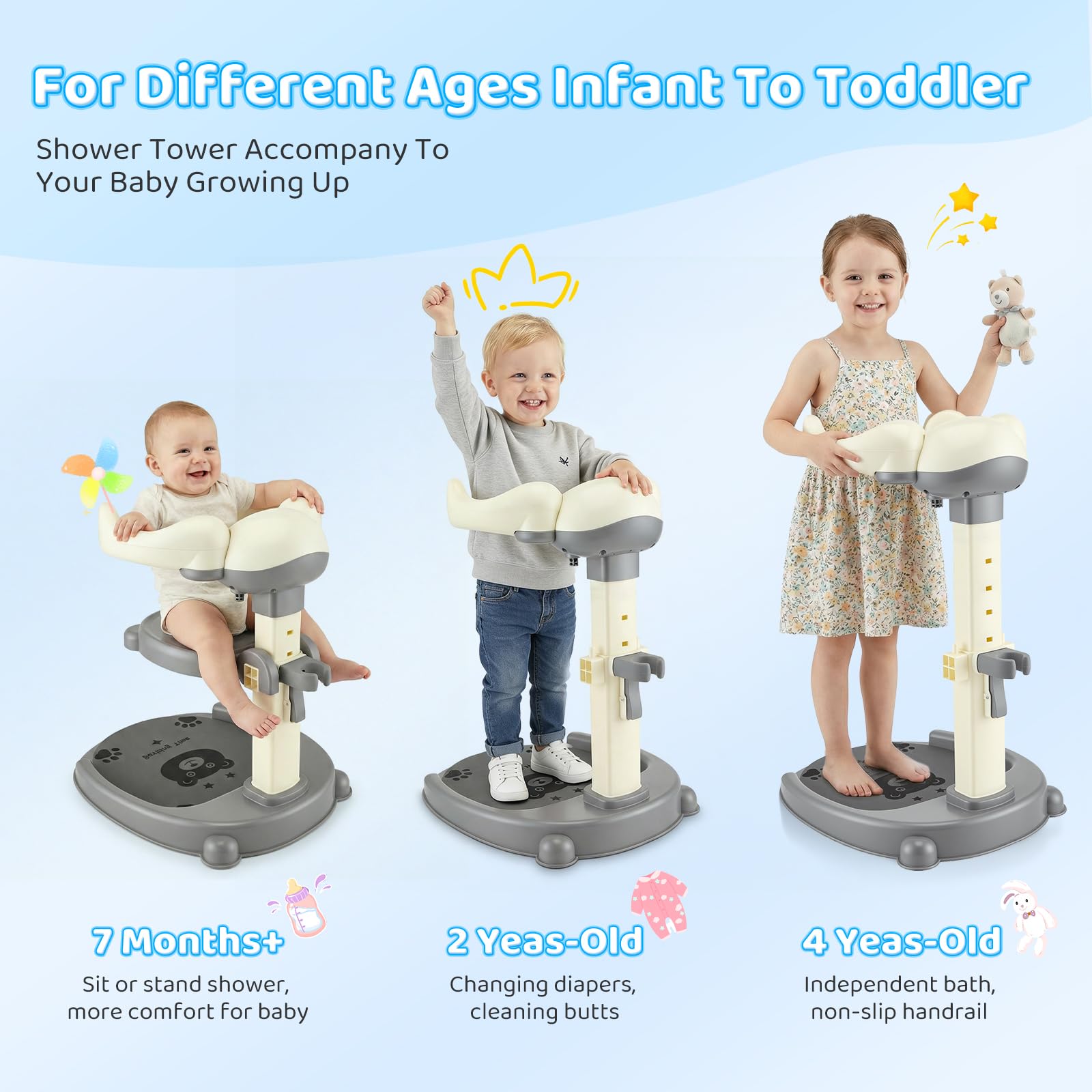 Supporto per Doccia per Bambini 2 En 1,Soporte De Baby Shower,Con Soporte Para Cabezal De Ducha,Altura Ajustable,Con Piso Sin Deslizamiento Y Mango De Seguridad,Soporte De Ducha Durante 8-36 Meses