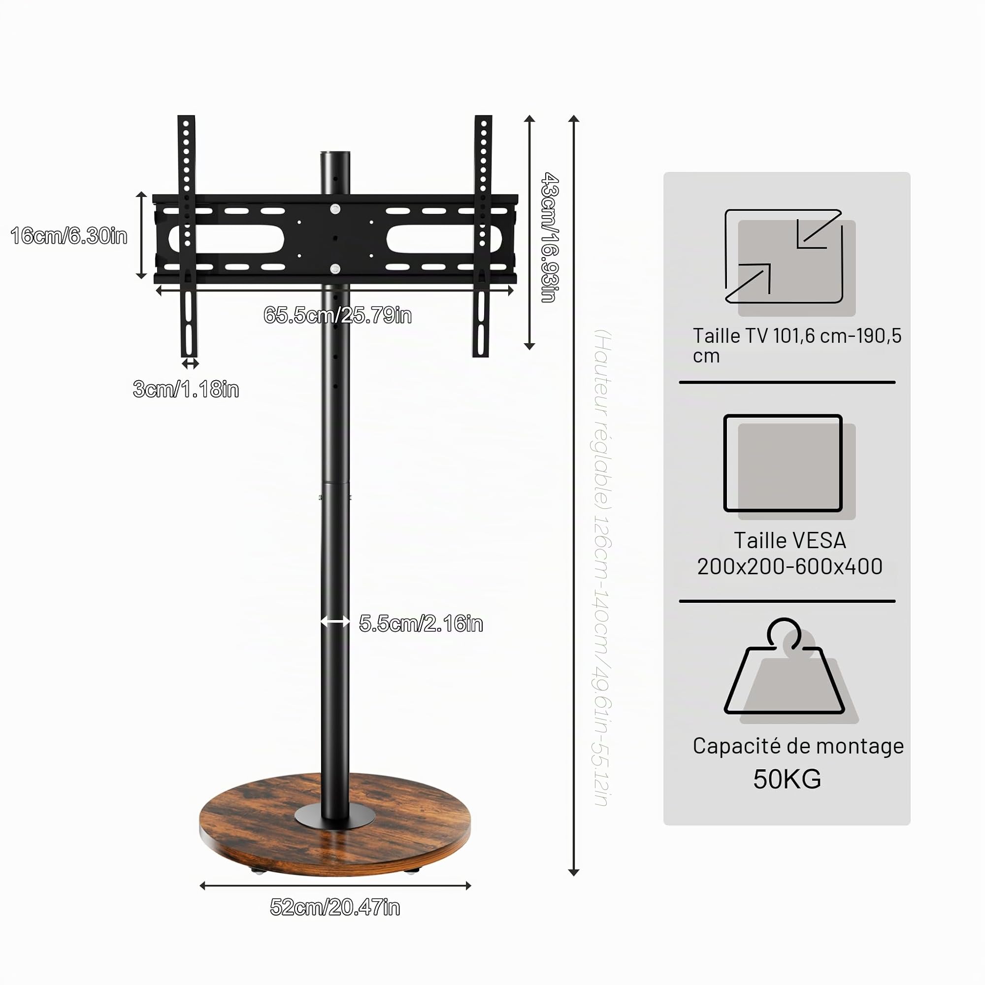 UNHO Support TV Mobile sur Pied avec roulettes pour TV 40–75″ Design Moderne Hauteur Réglable Étagère Intégrée Compatibilité VESA 200×200 à 600x400 Charge 50 kg Salon