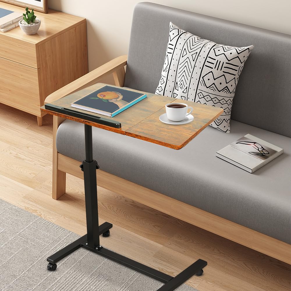 Homewell - Mesa auxiliar ajustable en altura con ruedas, mesa de noche, deslizante, 360 ° giratoria, para sofá, estilo industrial, sofá o cama, 60 x 34,5 x 58-90 cm (D amarillo)