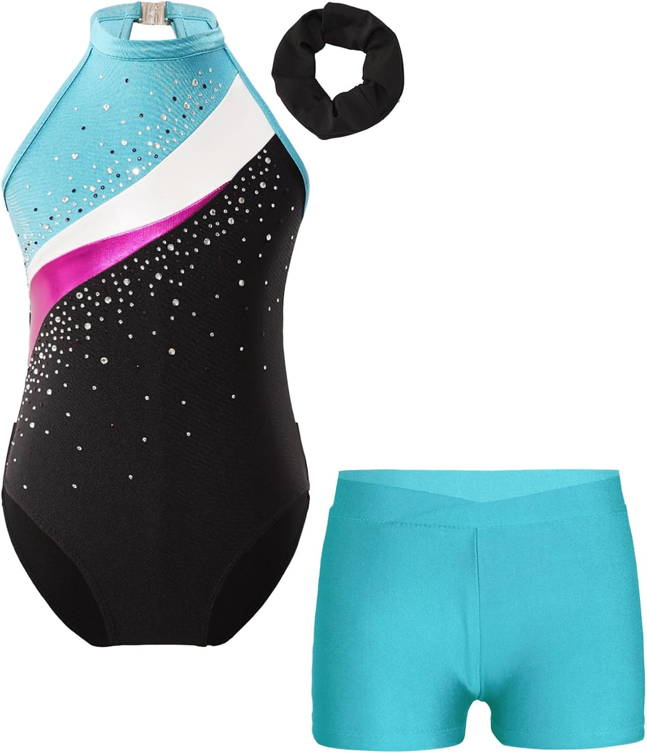 ACSUSS Kids Girls Sleeveless Gymnastic Leotard with Athletic Shorts Hair Scrunchie Biketard Dance Outfits Sets Tracksuit