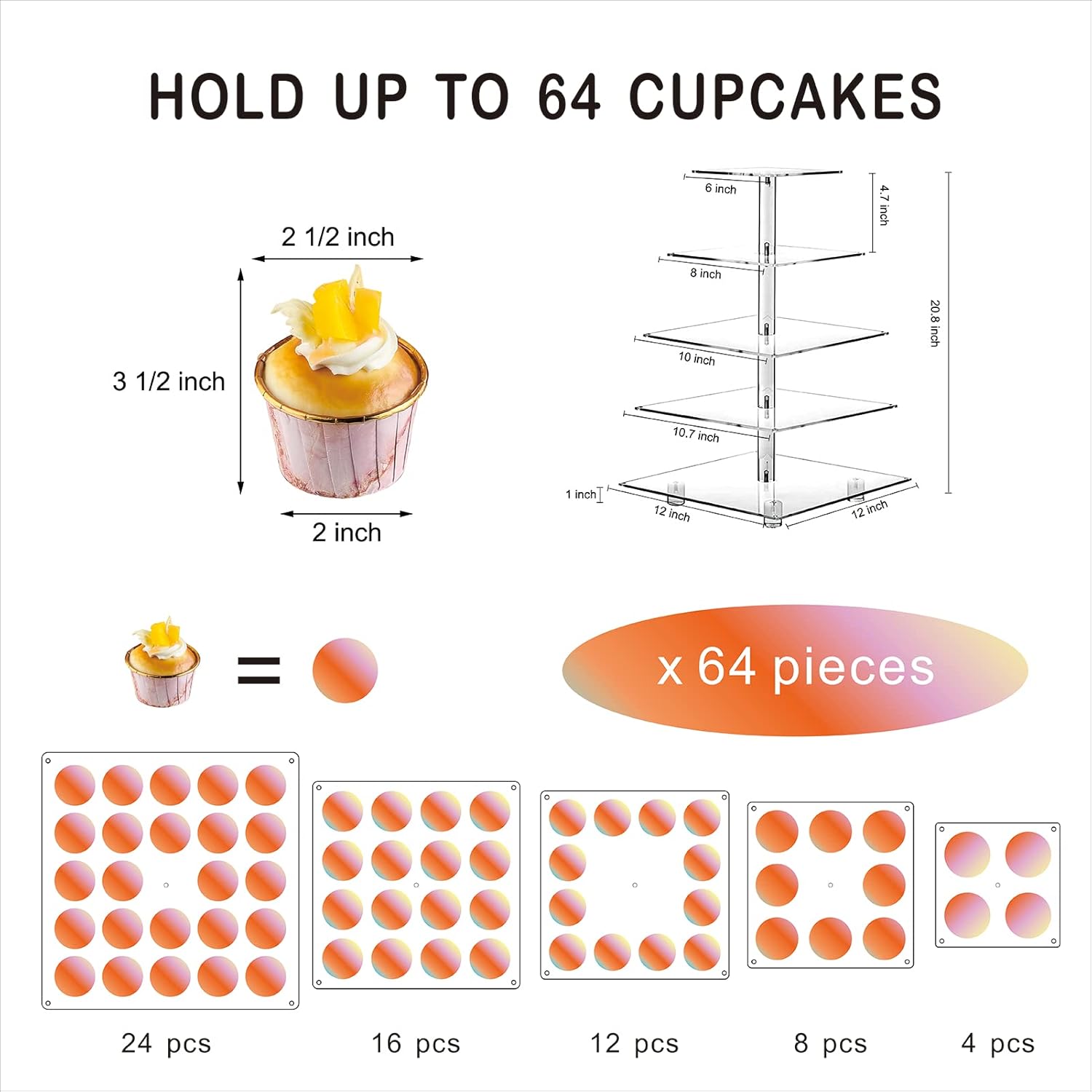 Cupcake Stand, 5-Tier Square Cupcake Holder with LED Light String, Acrylic Cupcake Tower Display-Dessert Tower-Pastry Stand-Cupcake Tier Stand for Wedding, Birthday Party (Colorful Light)…