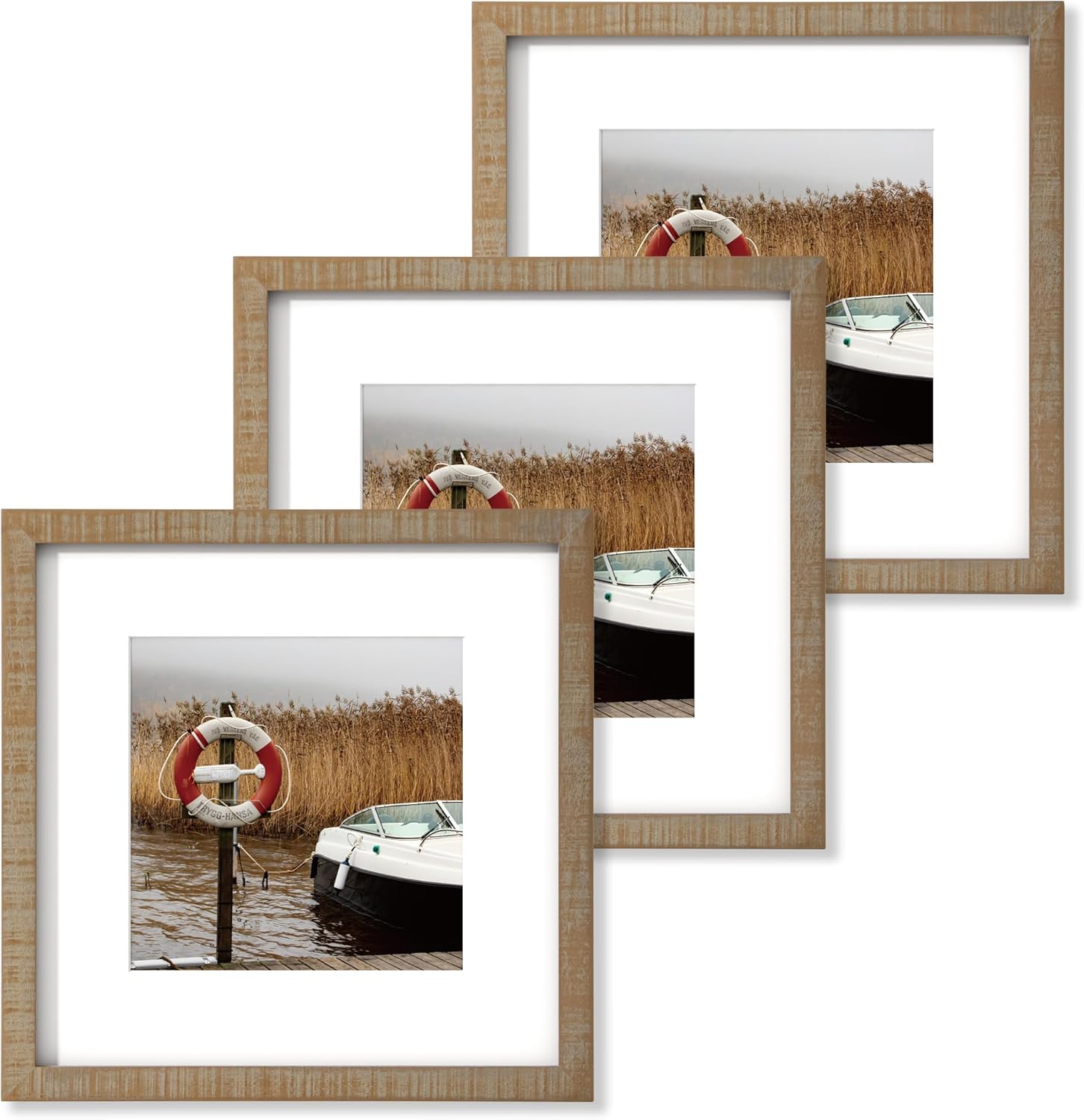 Fun Memories 12x12 Picture Frame, Square Frames 12 by 12, Natural Wood Picture Frame 12"x12", 12 x 12 Frame with Mat for 8 x 8, Light Wood 12x12 Photo Frame, Distressed Barnwood, 3 Pack Distressed Barnwood 12x12 - 3P