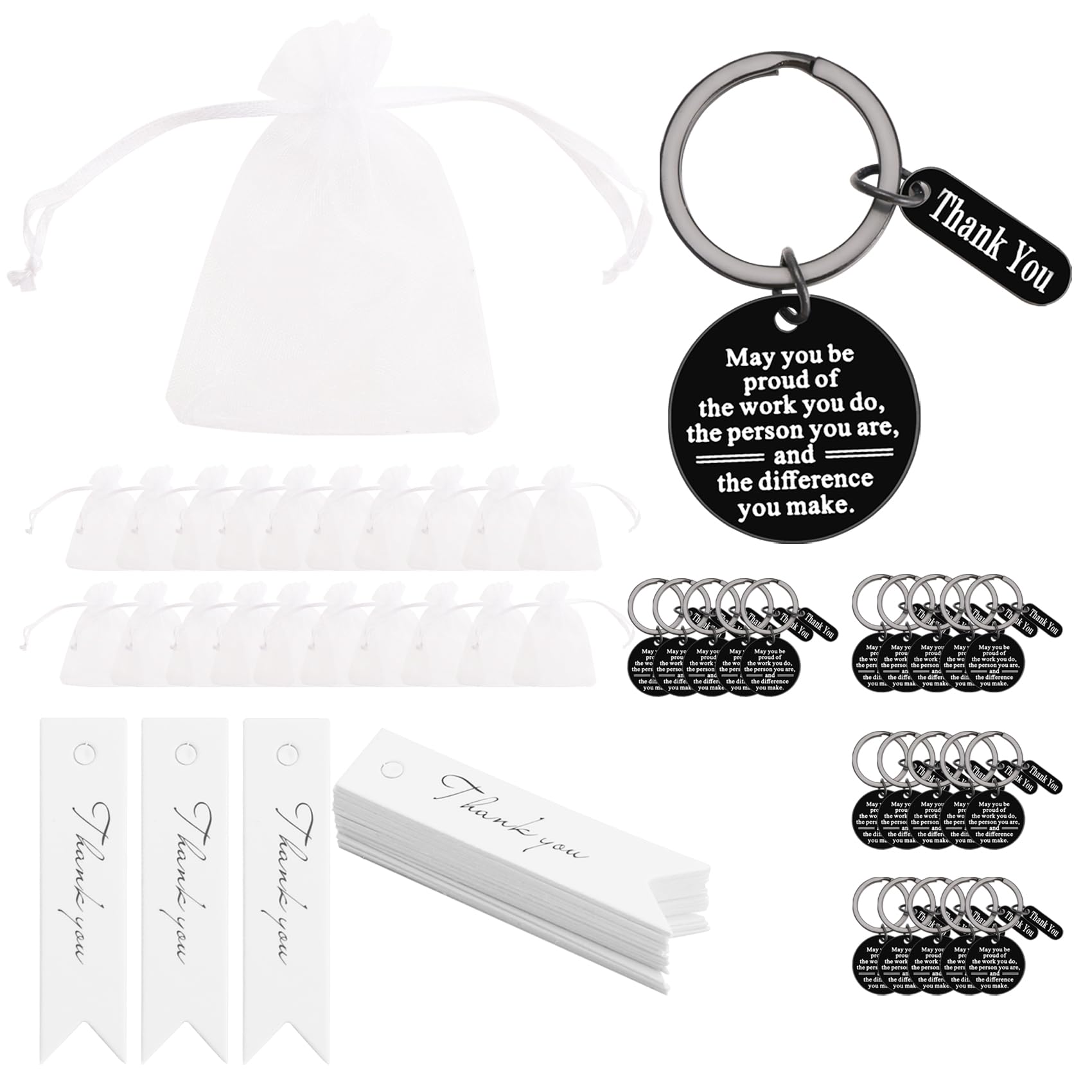 Povxlum 20 Sets Thank You Gifts Employee Appreciation Gift Bulk for Coworker eychain Gifts with Organza Bags and Thank You Cards for Christmas Leaving Gifts for Women Men Teacher Colleague(Black）