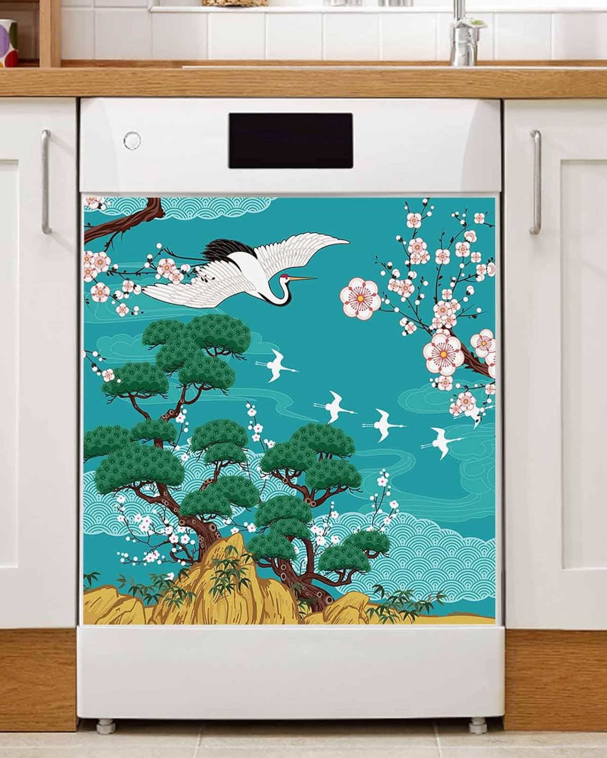 Dishwasher Cover, Japanese Retro Crane Pine and Cherry Blossoms