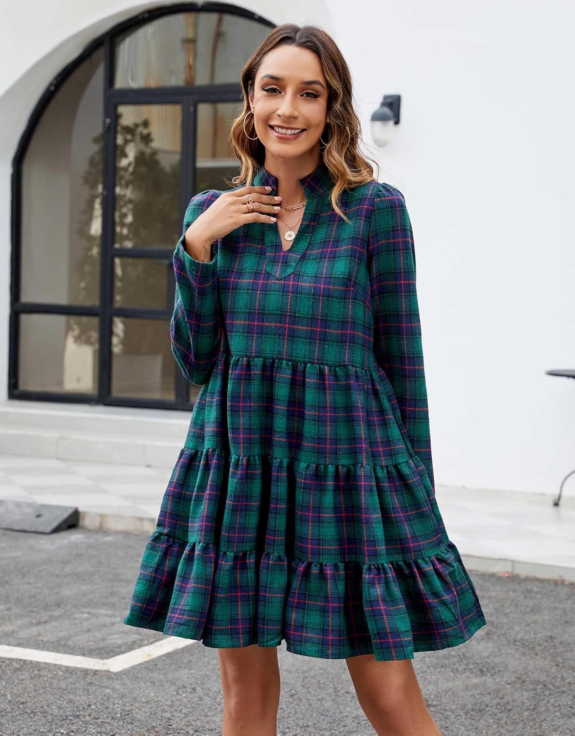 Women's Plaid Print Tunic Dress Long Sleeve V Neck Loose Shirt Dress Ruffle Hem Casual Swing Babydoll Christmas Dress - Image 2