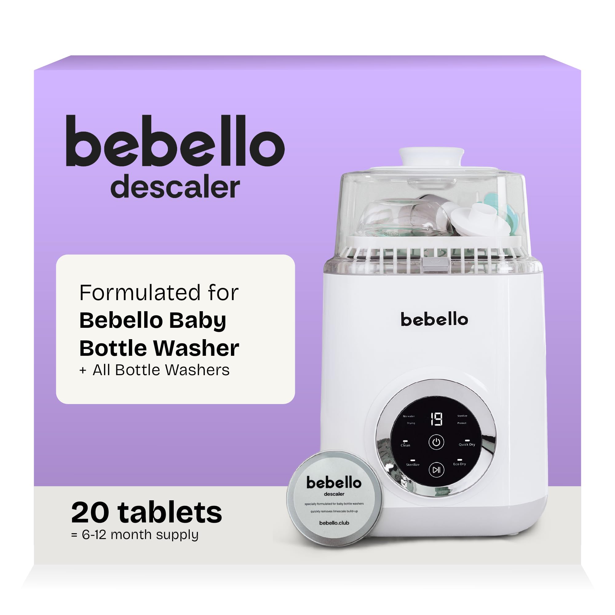 Bebello Descaler Tablets for Bebello Bottle Washer - 20-Count Fast-Acting Limescale Remover for Baby Bottle Washer Machine - Perfect Descaling Tablets for your cleaning machine