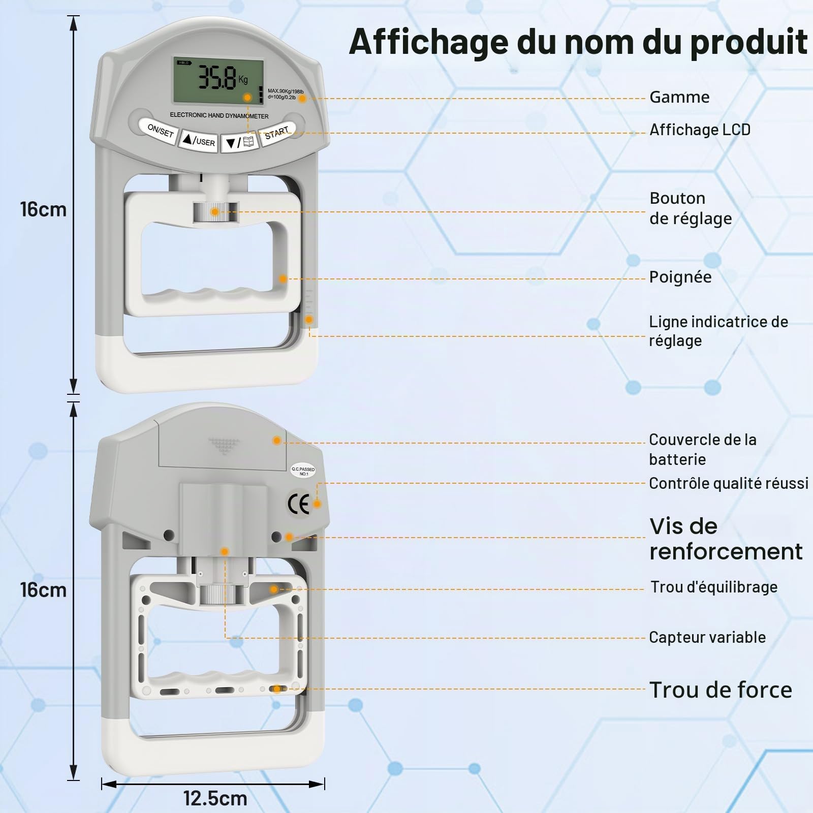 Dynamomètre à main électronique 90 kg / 200 lbs Capacité de préhension avec 19 jeux de disques individuels