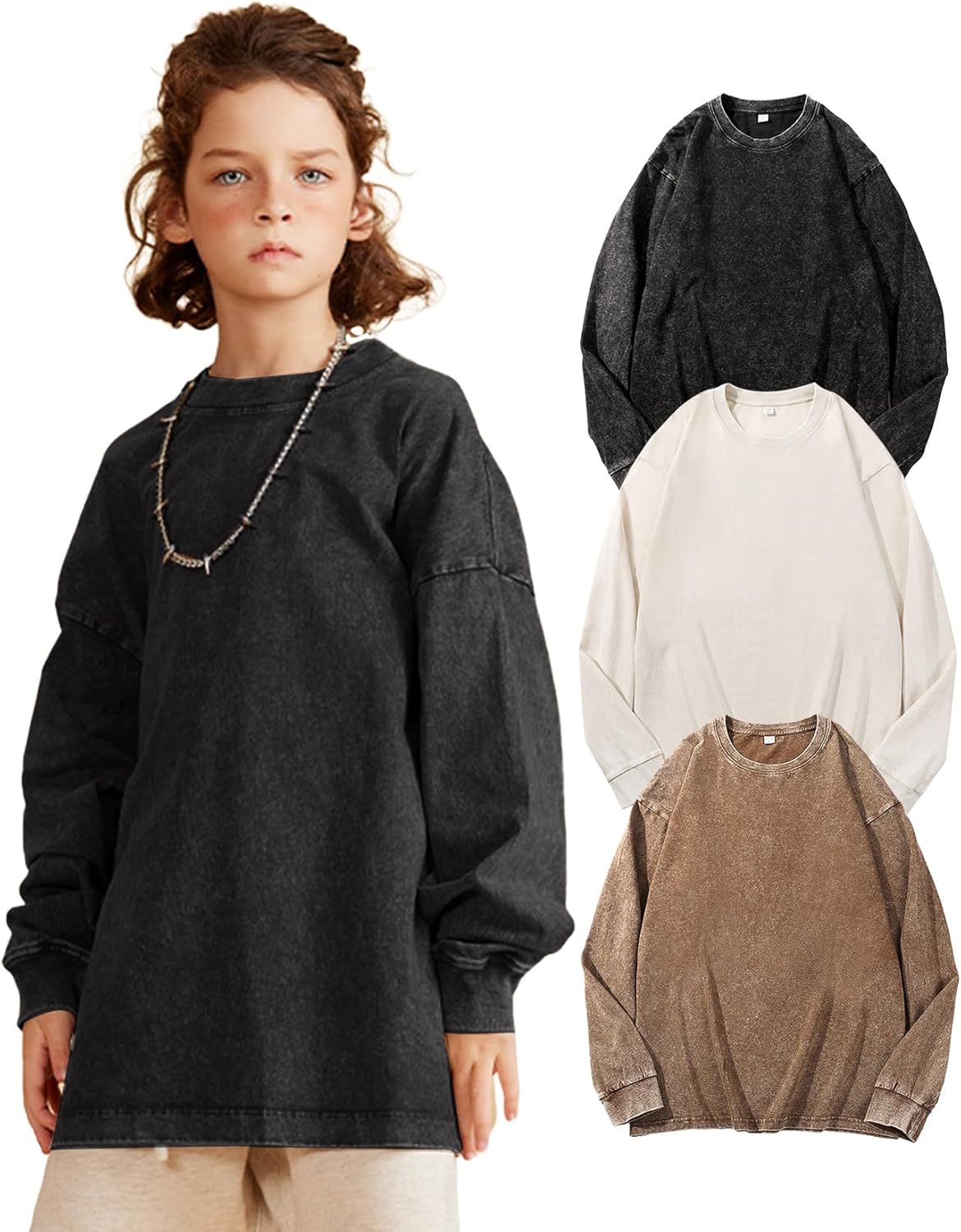 Yimoon Boys Shirts Cotton Long Sleeve Shirts Kids Acid Wash Oversized T Shirts Basic Tee Shirts 7-14Y