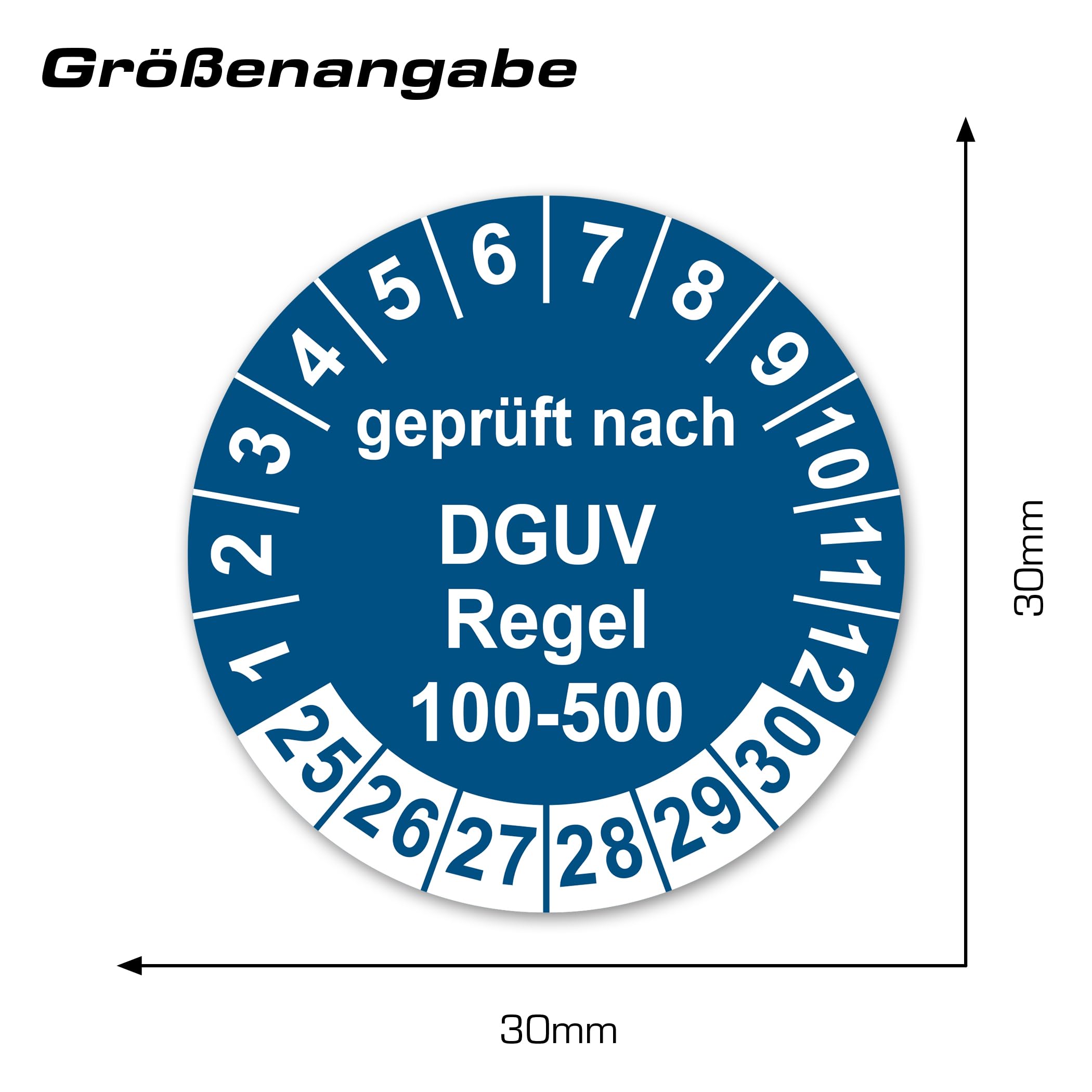 Prüfplaketten 2025–2030 ⌀30mm – DGUV Vorschrift 100-500 – Selbstklebende Vinyl-Folie, Wasserfest & Wischfest (Blau, 100 Stück)
