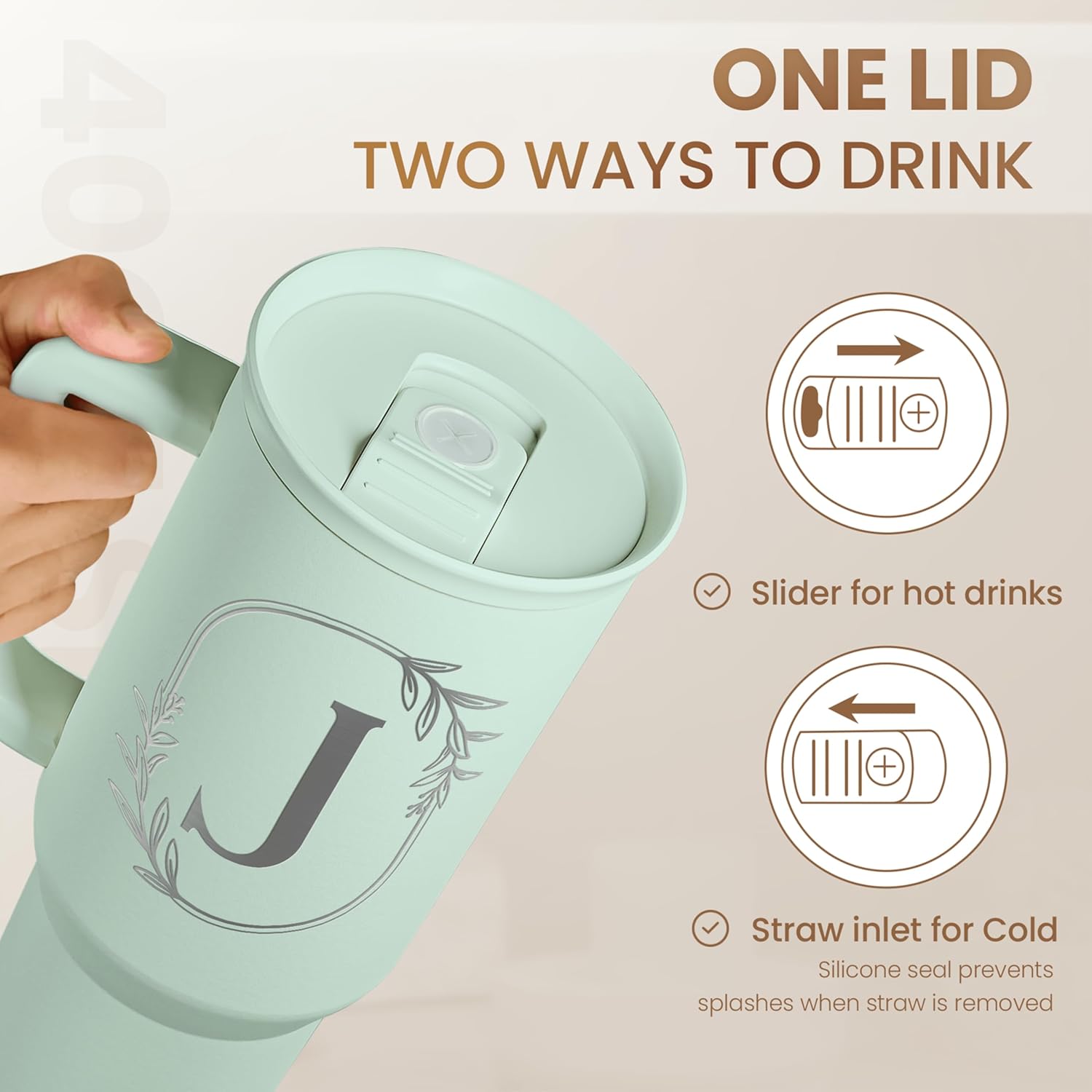 Personalized Monogrammed Tumbler with Handle 40oz, Letter J Tumblers Insulated Coffee Travel Cup, Custom Initial Gift for Women Girls Friends, Monogram Gift for Christmas Birthday Mothers Day