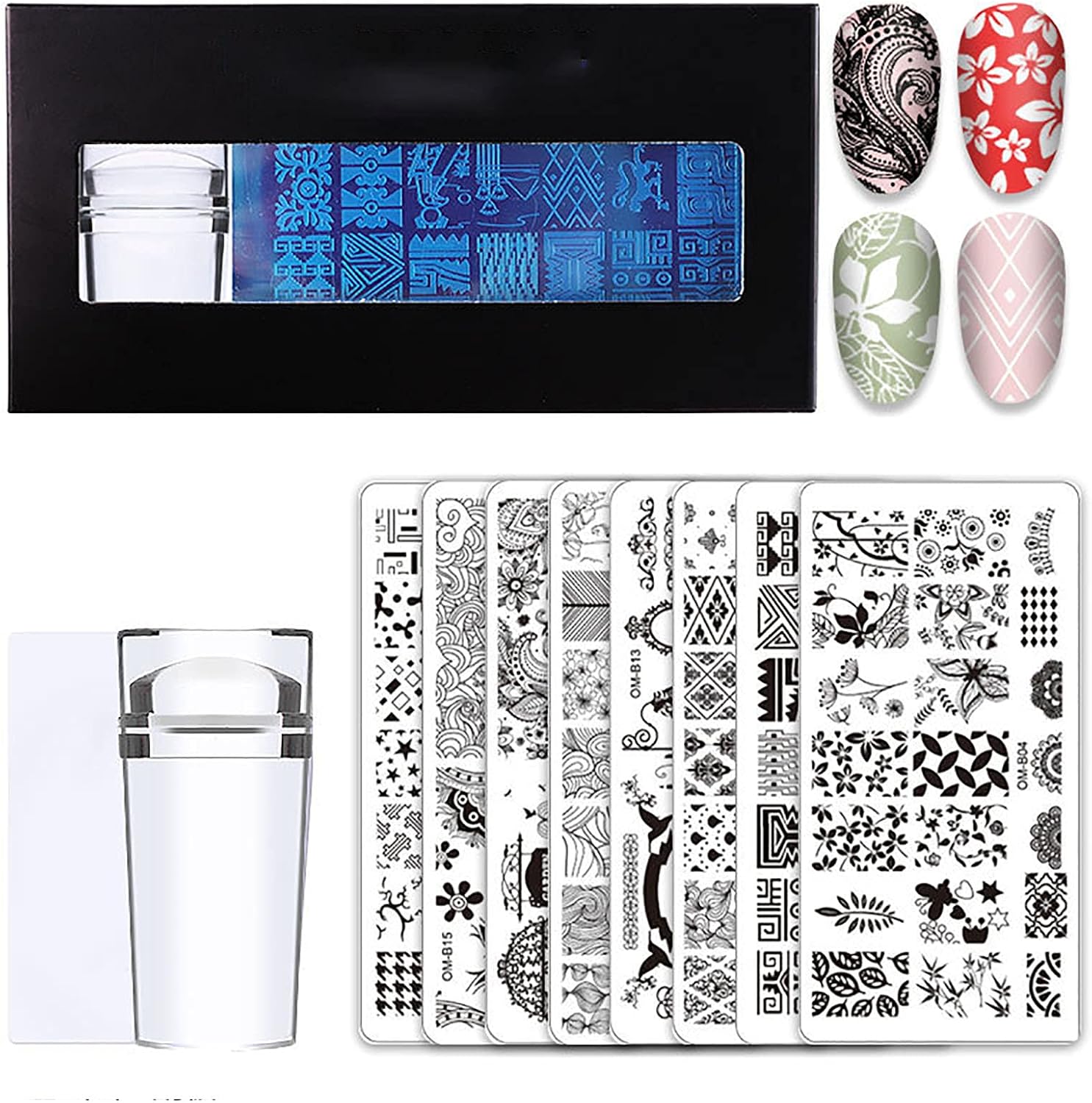 Nail Art Stamp Plate Set with Stamper Leaf Flower Dreamcatcher Snowflake Geometry Lace Nail Polish Print Jelly Scraper Tool
