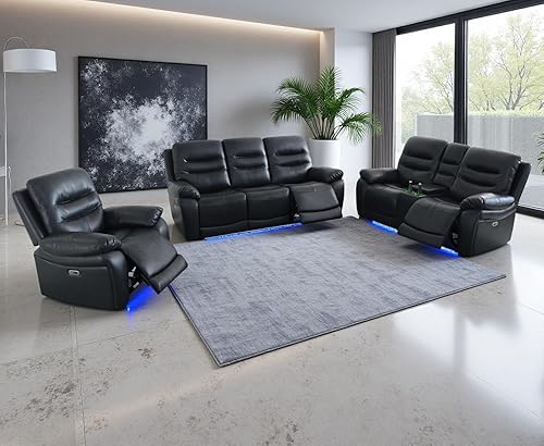 Miniatura 46 de Juego de sofá para sala de estar, sofá de dos plazas con consola de almacenamiento, portavasos, luz LED, puerto USB para apartamento, oficina