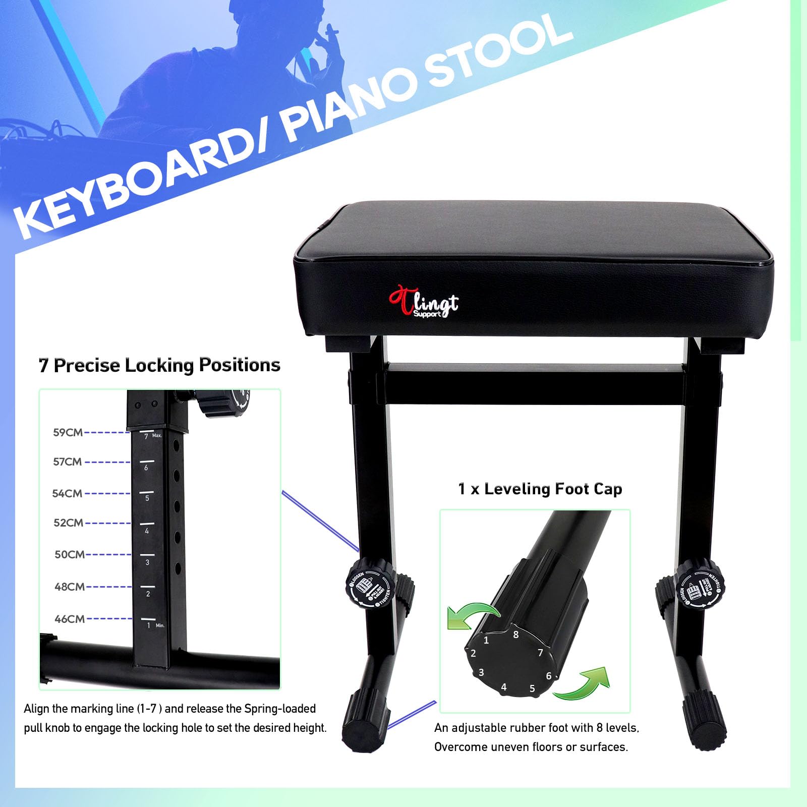 Tlingt Banco de teclado de apoyo, asiento acolchado, banco de piano, taburete ajustable para teclado