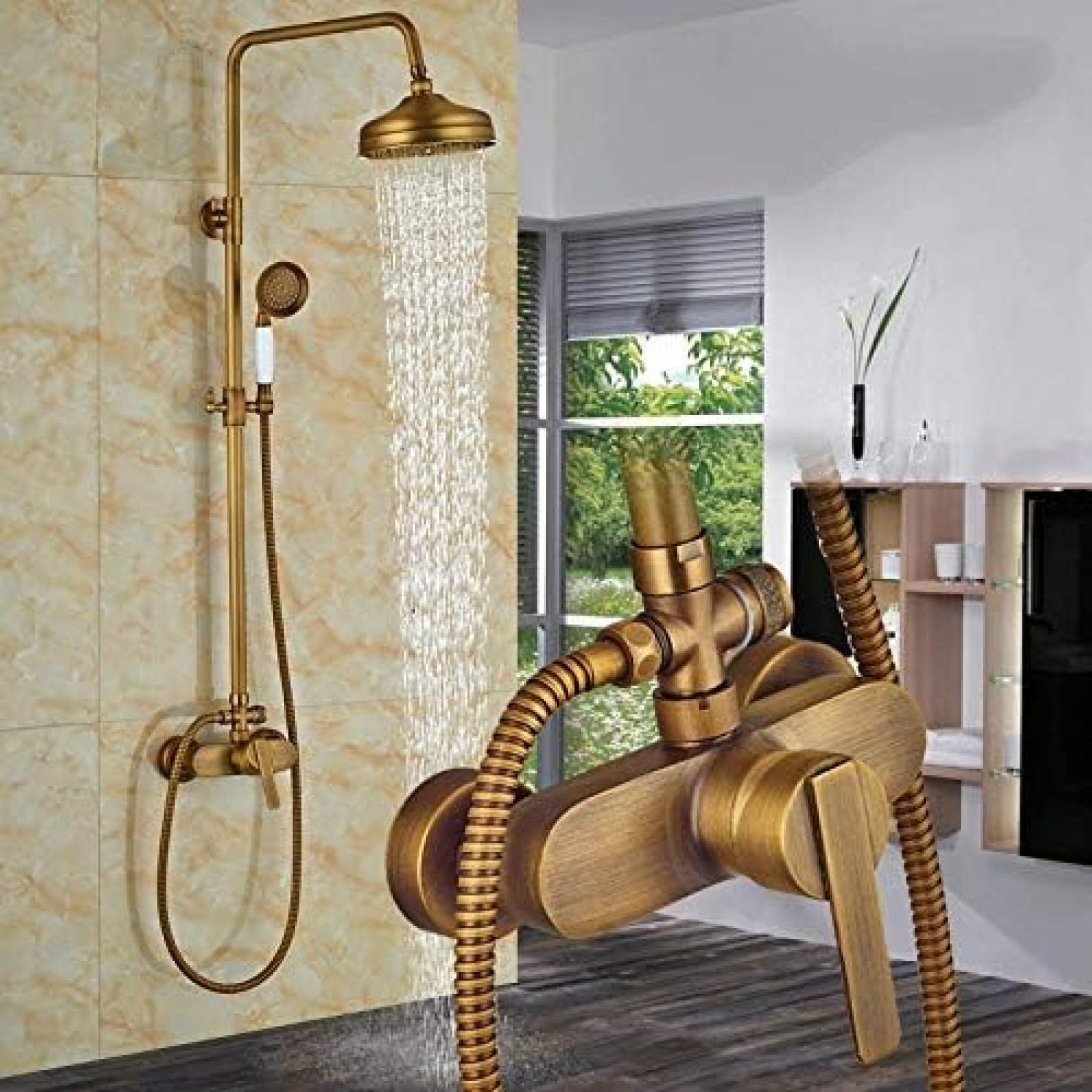 JYBNBBE Rainfall Bathroom Shower Set Brass Antique Shower Mixers with Handshower Single Handle Wall Mounted Shower Faucet Tap