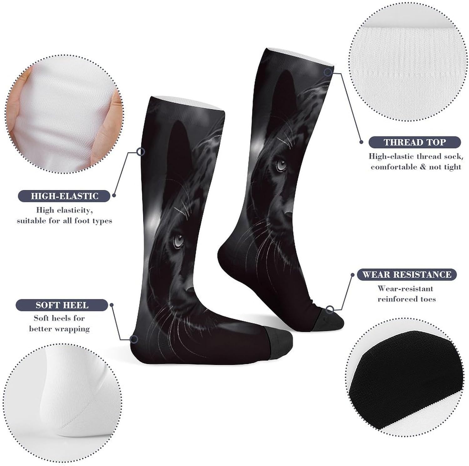 Animal Panther Compression Sock Circulation Support Socks Lightweight Knee High Tube Sock Over-The-Calf Sock for Adult