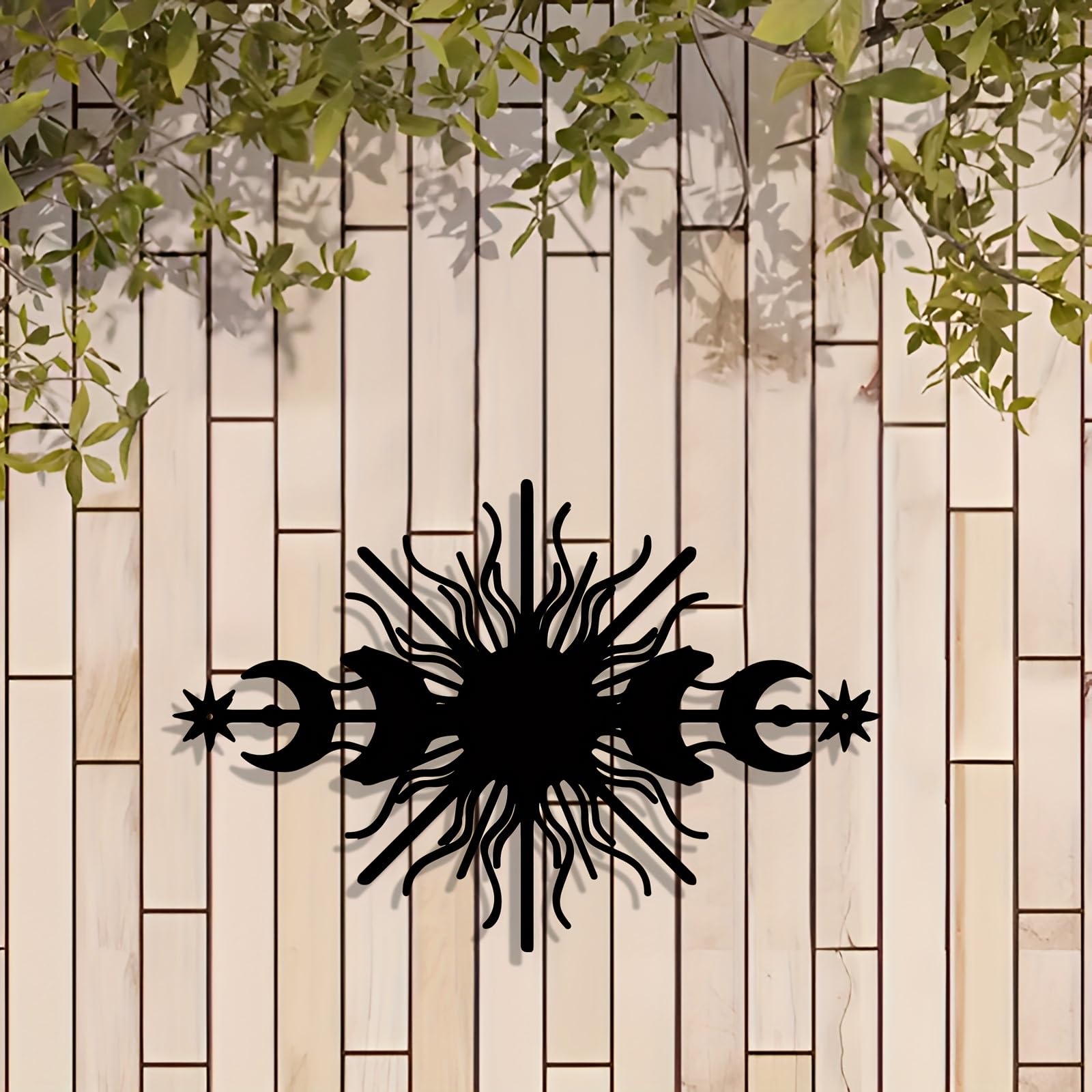 Decoración de pared abstracta contemporánea de metal con diseño de sol y luna en hierro negro estilo vintage para sala de estar, oficina en casa, interiores/exteriores, para amantes de la natural