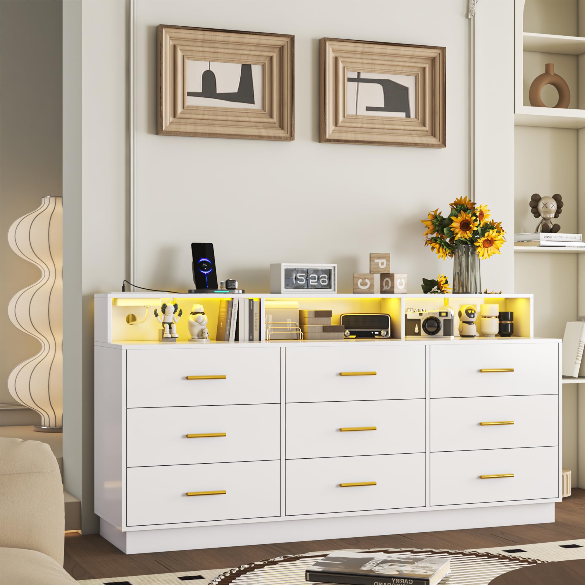 White 9 Drawer Dressers for Bedroom, Modern Large Dresser with LED Light and Power Outlet, Wooden Long Dresser, Triple Dresser for Bedroom, Living Room, Entryway, Hallway