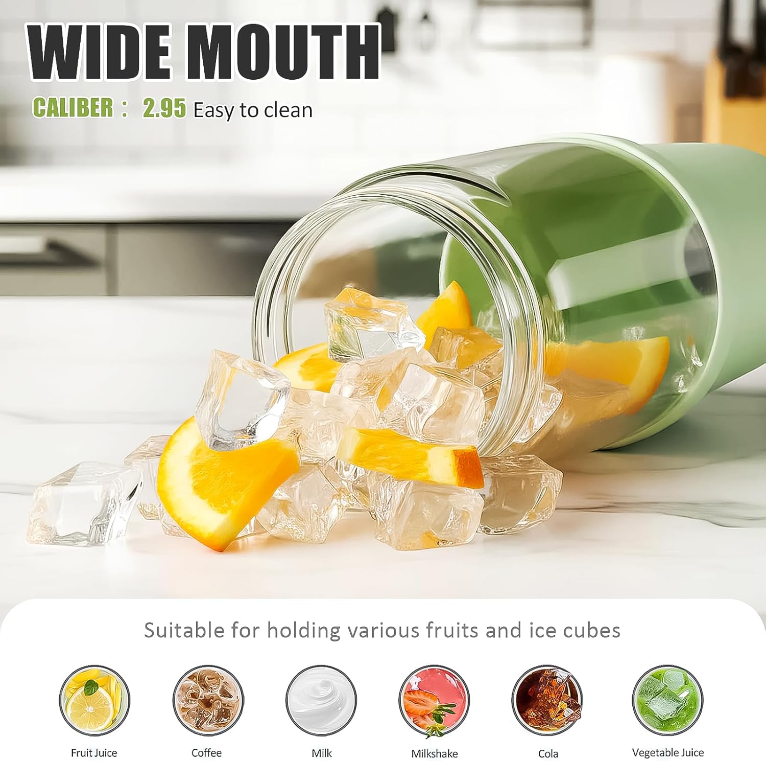 Glass Tumbler with Carry Handle, Clear Glass Water Bottle with Leakproof Lid, Spout Lid&Straw, BPA-Free, 32 oz, Light Green