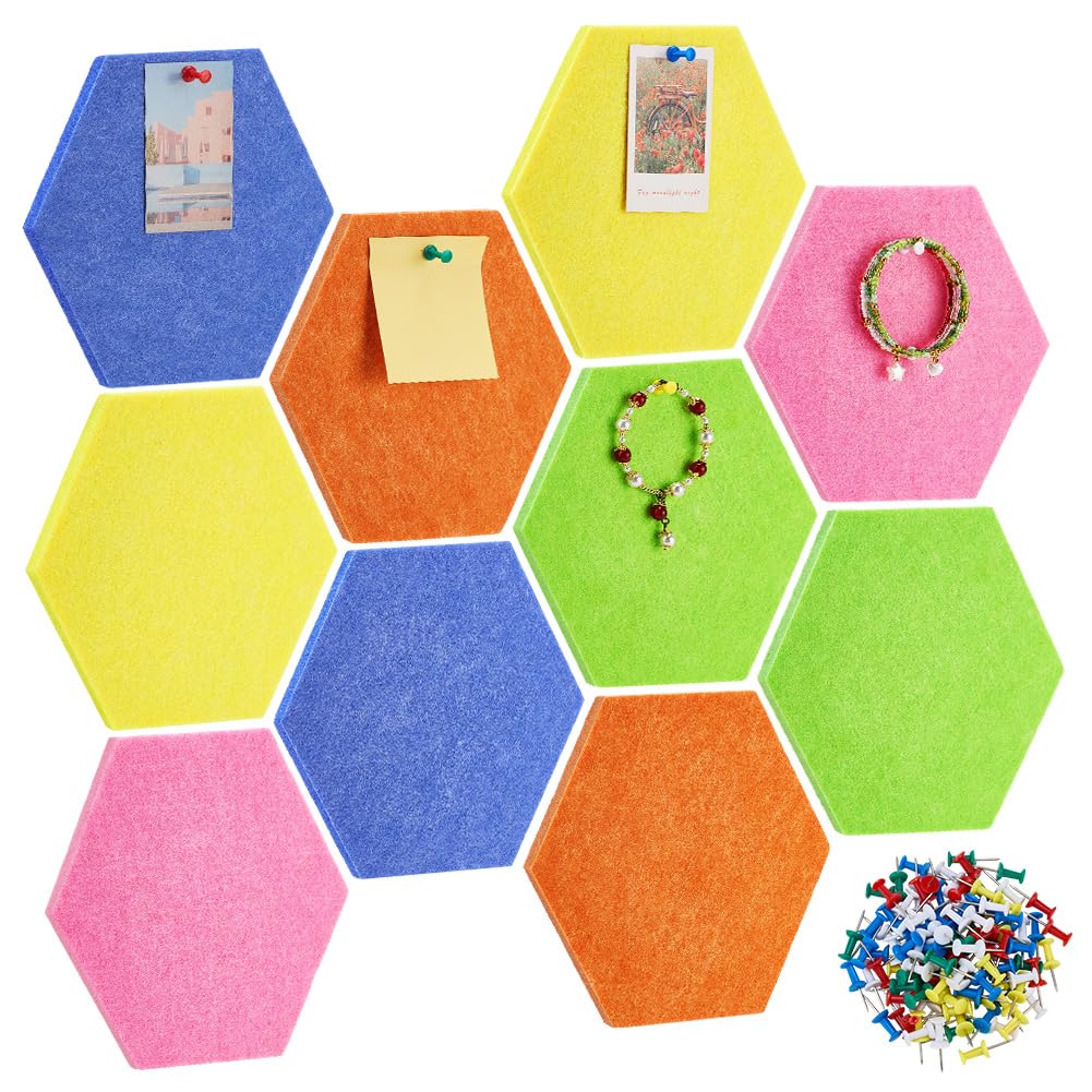 DELORIGIN 20PCS Hexagon Cork Bulletin Board Tiles 5 Colors Self Adhesive Felt Board Tiles with 100PCS Drawing Pins Felt Cork Pin Board for Home School Office Conference Rooms Wall Decor Display