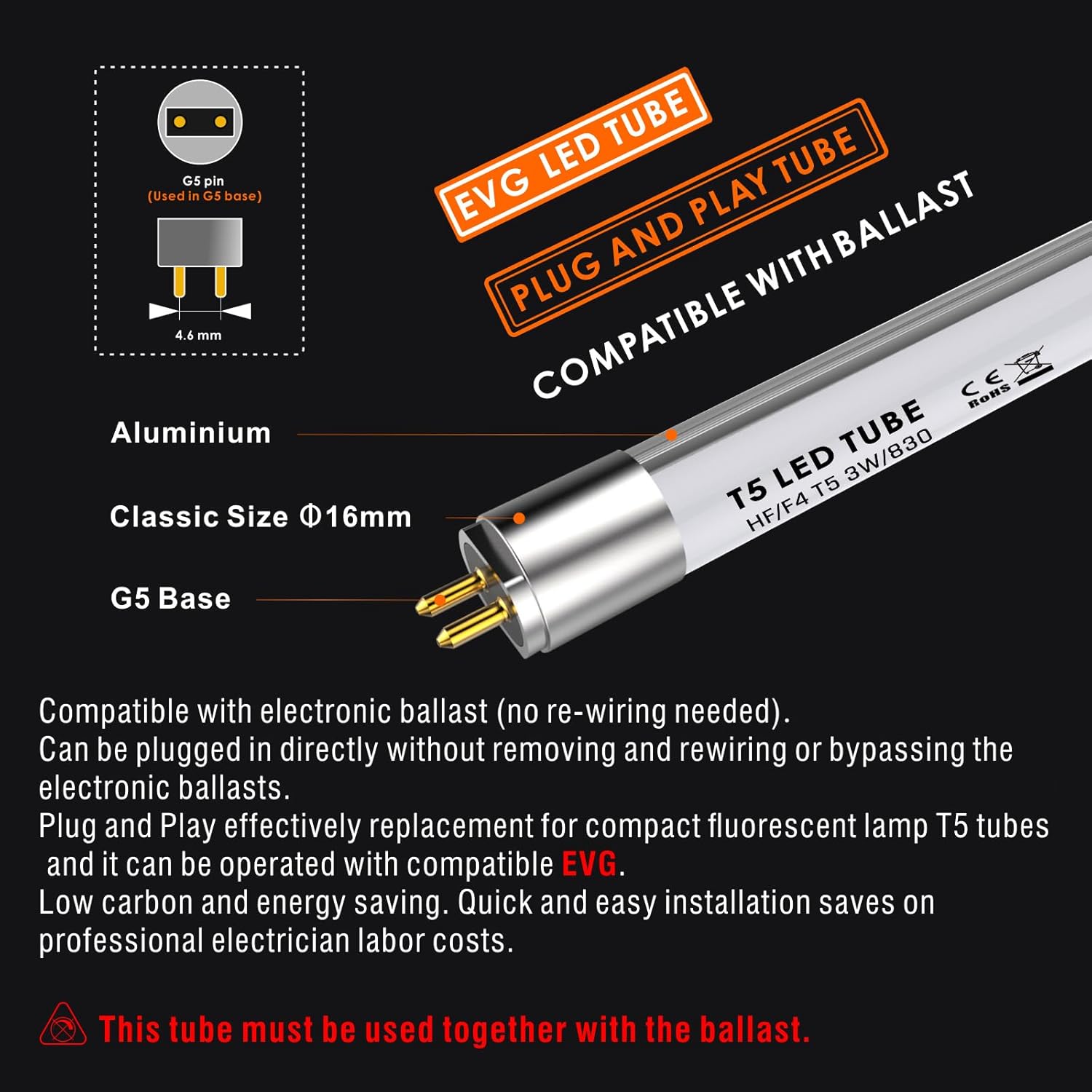 IHYCTV F4T5/WW Bulb LED Replacement T5 Tube 6 inch, 3000 Kelvin, Warm White, 3W, G5 Base, 390 Lumens, Plug and Play, Operates with Compatible Electronic Ballast, Frosted, 1 Piece