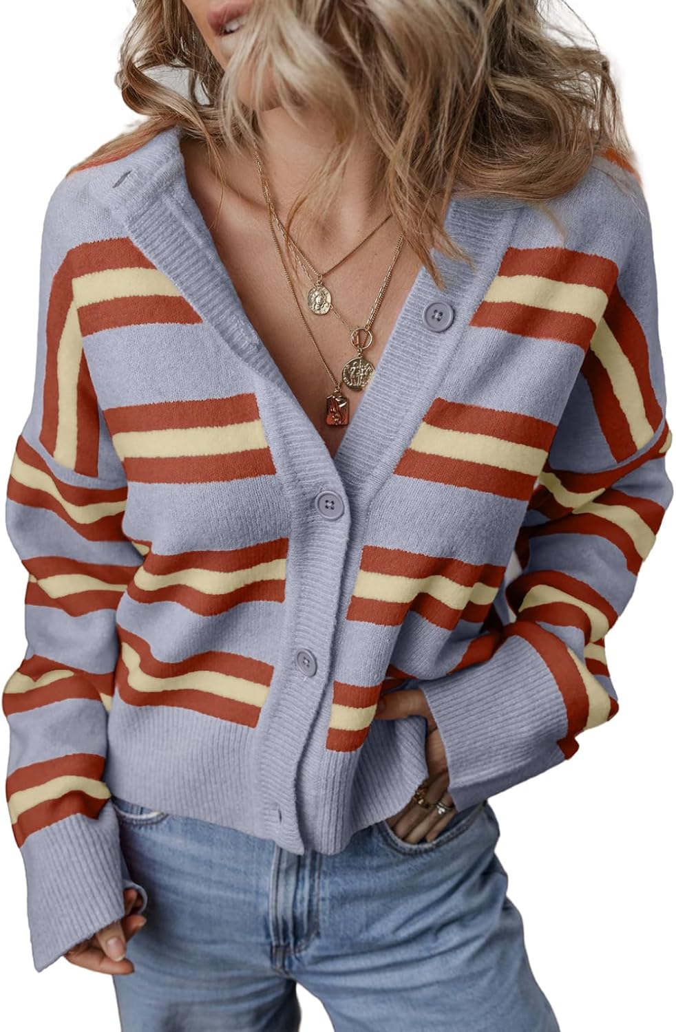 EVALESS Women's Striped Cardigan Sweaters Trendy Lightweight Chunky Knit Cropped Sweaters Outfits Outerwear Coats