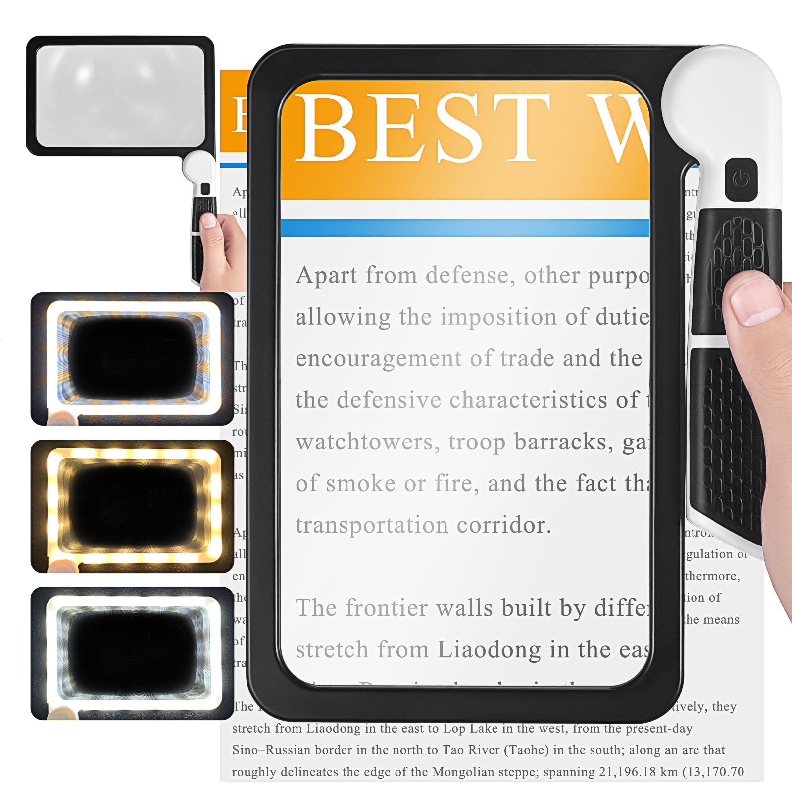 Large 5X Magnifier with Light, Folding Handheld Full Page Magnifier 48LED Cold & 16LED Warm Light with 3 Modes, Evenly Lit Viewing Area, Magnifier for Low Vision Seniors, Inspection