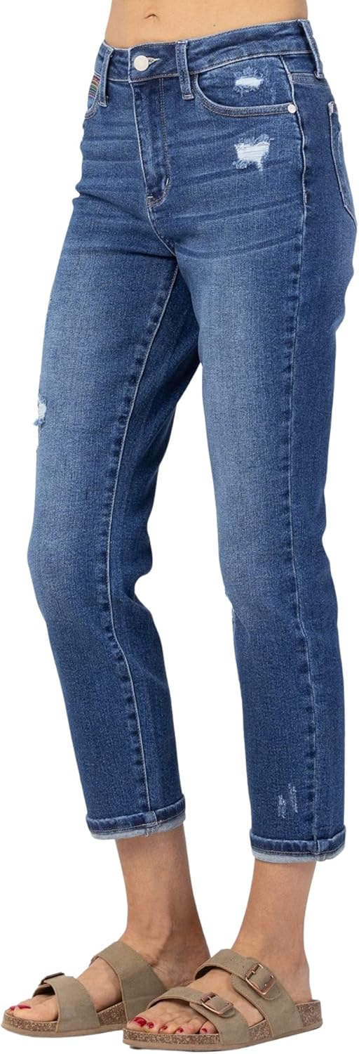 Judy Blue Women's High Waist Rainbow Embroidery Cropped Straight Leg Jeans