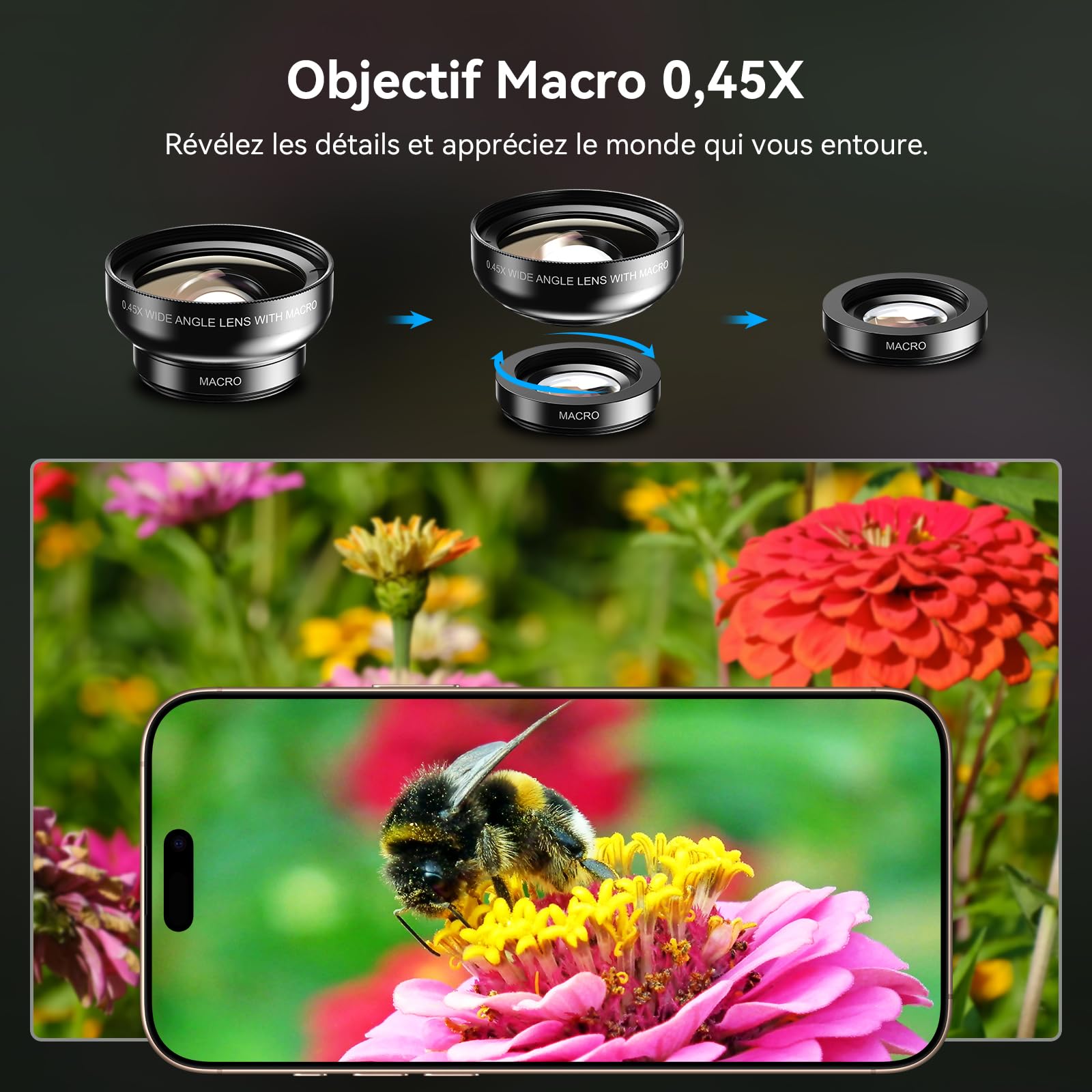 Evil Eye​ Kit d'Objectifs Universel pour iPhone & Smartphone : 140° Grand-Angle & 12,5X Objectif Macro iPhone, à Clip pour Photos Paysages Magnifiques et Gros Plans — Idéal Cadeau