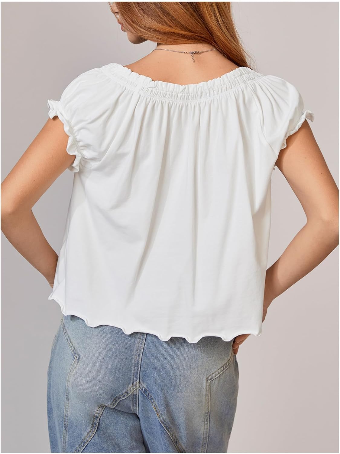 OYOANGLE Women's Summer Tie Front Tops Lettuce Trim Tee Shirts Cute Aesthetic Babydoll Top Cap Sleeve Scoop Neck Flowy Shirts - Image 3