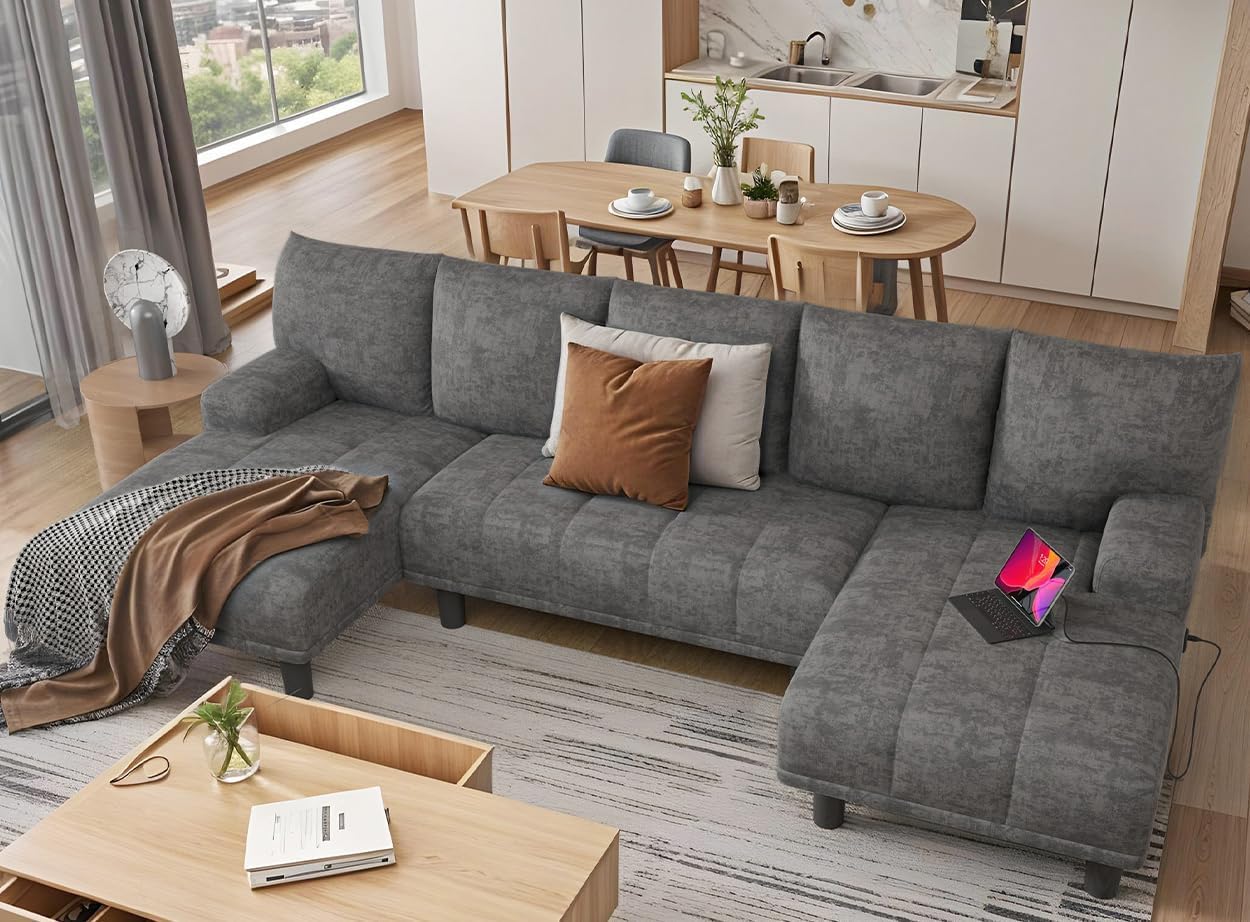 (Incomplete)YITAHOME Sectional Couches for Living Room, U Shaped Couch with USB & Type C Charging Ports Chenille Modern Cloud Sofa Double Chaise Sofa Upholstered Couch for Office Apartmant Small Space, Grey