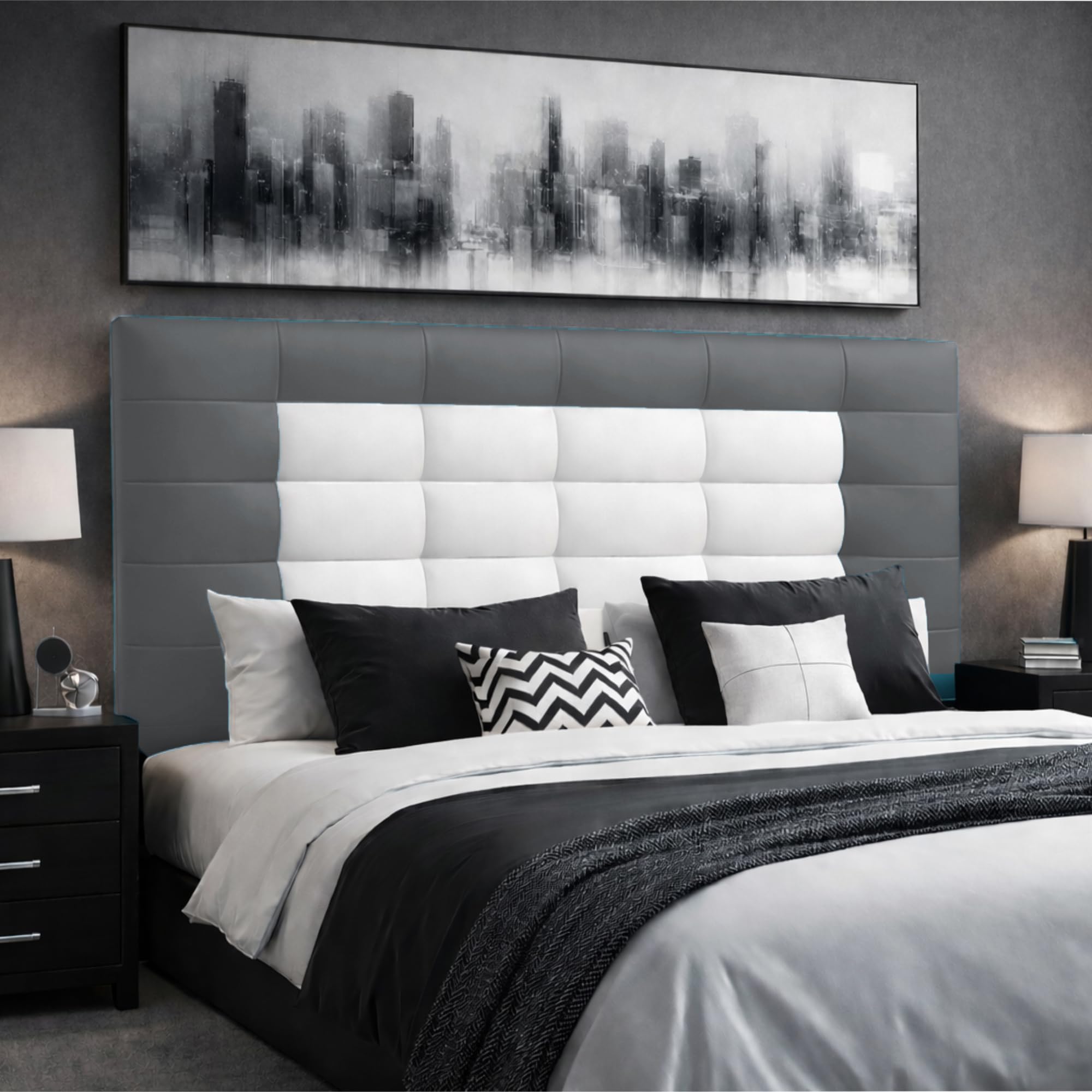 ONEK-DECCO Cabecero de Cama Mod.Florida con Marco, tapizado en Polipiel para Cama de niño,Juvenil y Matrimonio Cabezal de Colgar 70 cm.Alto (190X70, Gris-Blanco)