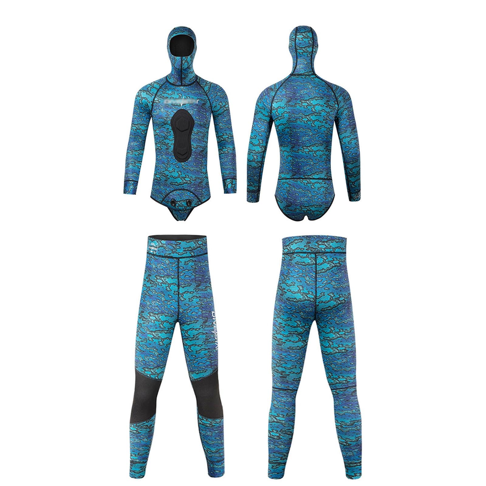Mute Mimetiche Da Pesca Subacquea Per Uomo Set 2 Pezzi Top + Pantaloni In Neoprene Da 3 Mm Muta Da Immersione Super Elasticizzata Con Cappuccio, Blu