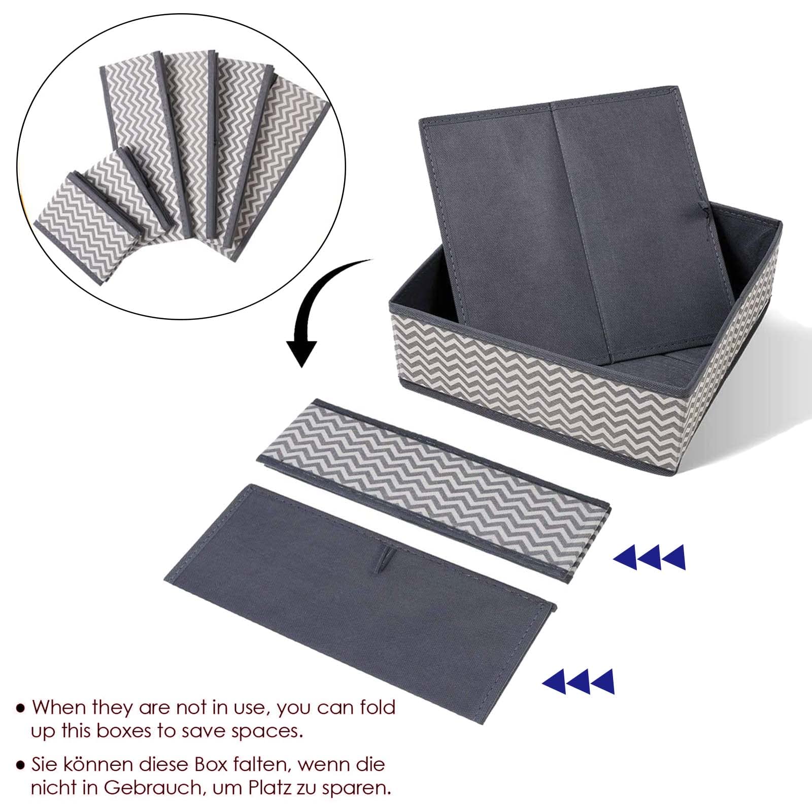 Set mit 6 faltbaren Unterwäsche-Aufbewahrungsboxen, Stoff-Organizer, Schubladen für Kleidung, grau + weiß, Schubladen-Organizer für Kleiderschrank-Organisation
