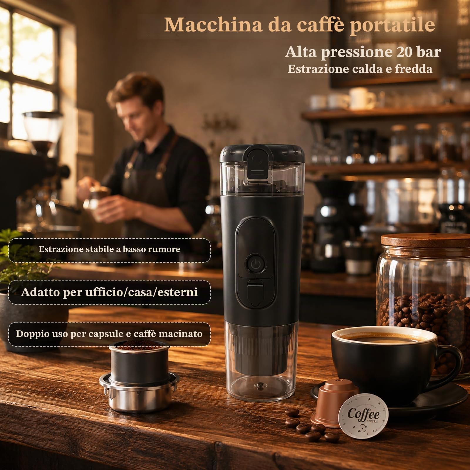 Macchina da caffè espresso portatile, 20 bar, ricaricabile, 2 in 1, per caffè macinato e capsule Nespresso, estrazione calda/fredda con tazza integrata, per campeggio, viaggi, ufficio e casa