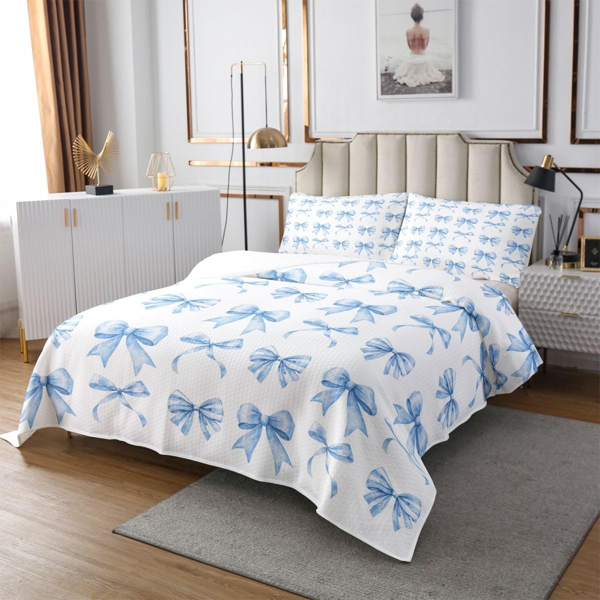 Erosebridal Blue Ribbon Bow Quilt Set Kawaii Cute Cartoon Bowknot Queen Bedspread Set | Watercolor Bow Tie Coquette Coverlet Sets Dreamy Princess Bows Quilted