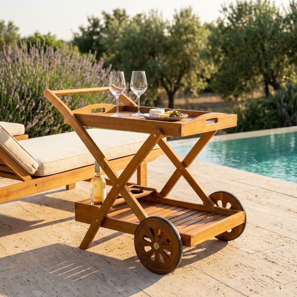 milani home - carrello portavivande da giardino, legno di acacia, con ruote, 2 ripiani, 87 x 56 cm