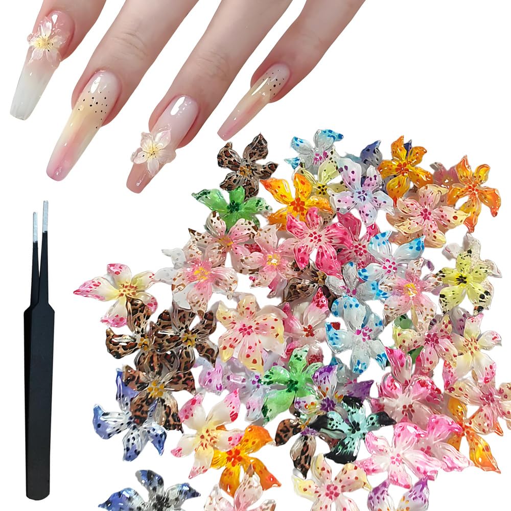 Tsangbaby 60 Pcs Nail Charms Nail Stuff 3D Hawaiian Flowers Nails Art Charms Accessories Decorations with Pick up Tweezers Summer Resin Charms for Women Girls Manicure Design DIY Crafts