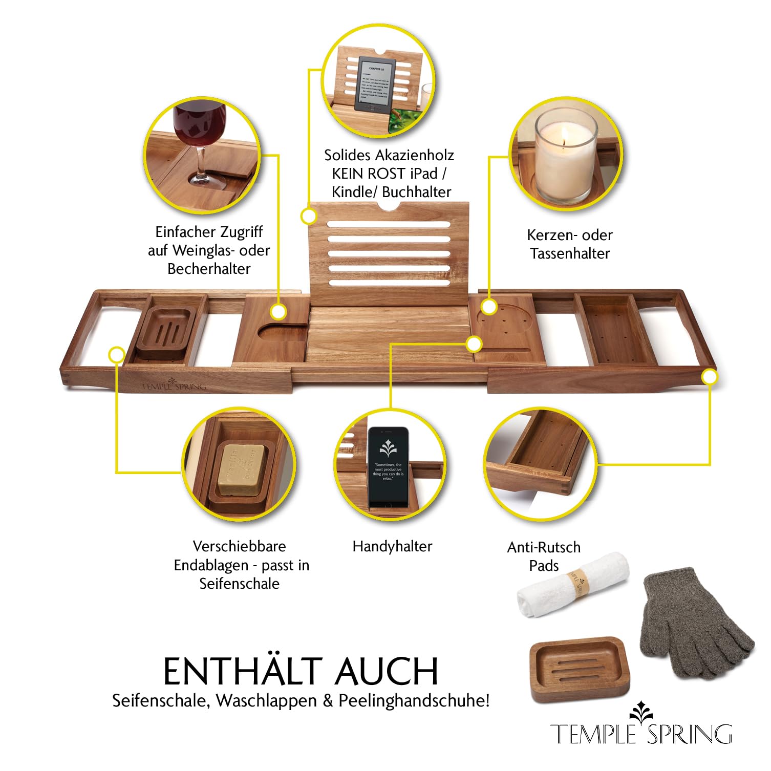 Temple Spring Akazie Badewannenablage, Badewannenablage Holz für badewannen zubehör, Badewannenbrett, Badewannentablett zur badewanne zubehör, badezimmermöbel für badaccessories, spa badewannentisch
