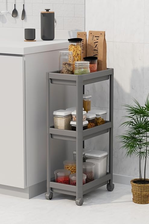 3 Katlı Tekerlekli Raf Ünitesi - Banyo & Mutfak Organizer - Çok Amaçlı Servis Sehpası - Dar Alanlar İçin Pratik Saklama Çözümü (GRİ)