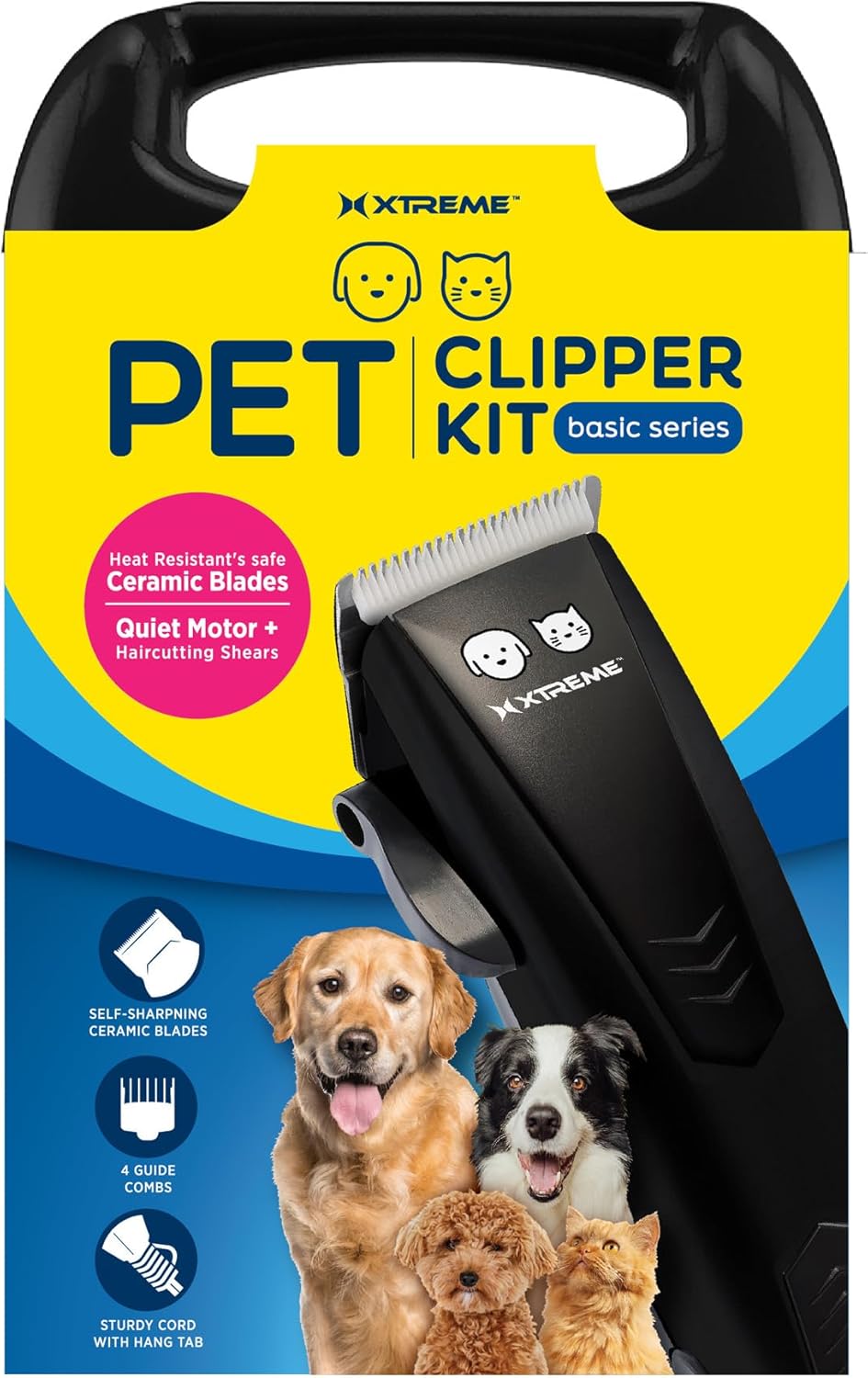 Xtreme Pet Hair Clippers, Hair Clippers for Pets with Self-Sharpening & Heat-Resistant Ceramic Blades, Low-Noise Quiet Motor, Painless Clippers for Dogs & Cats with 4 Guide Combs, Dog Grooming Kit